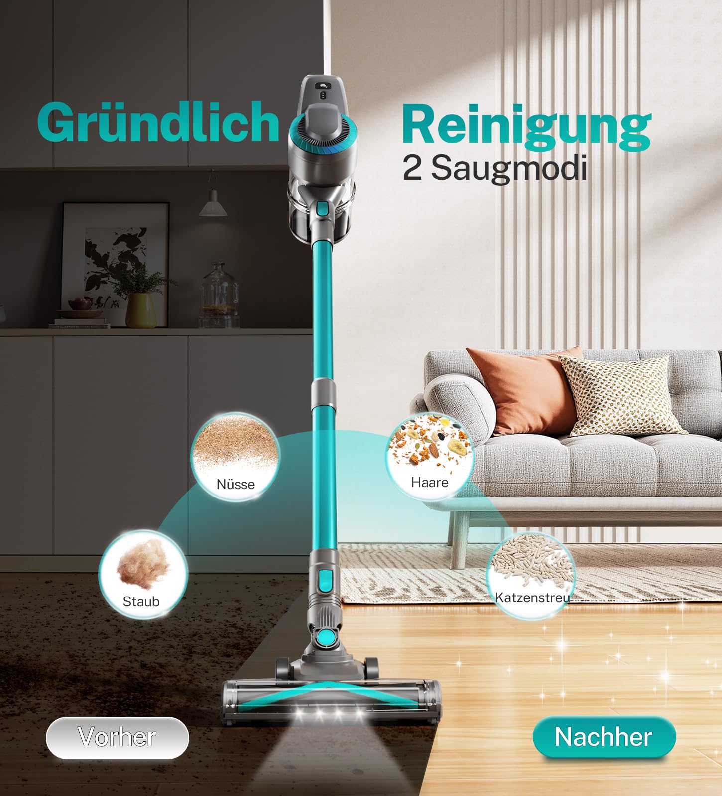 Akku Staubsauger, 30000Pa/55Min Staubsauger Kabellos, Anti-Tangle-Bürste und Selbststehend, Ultraleichter Handstaubsauger akku vacuum cleaner Stielstaubsauger für Teppichen, Hartboden, Tierhaare