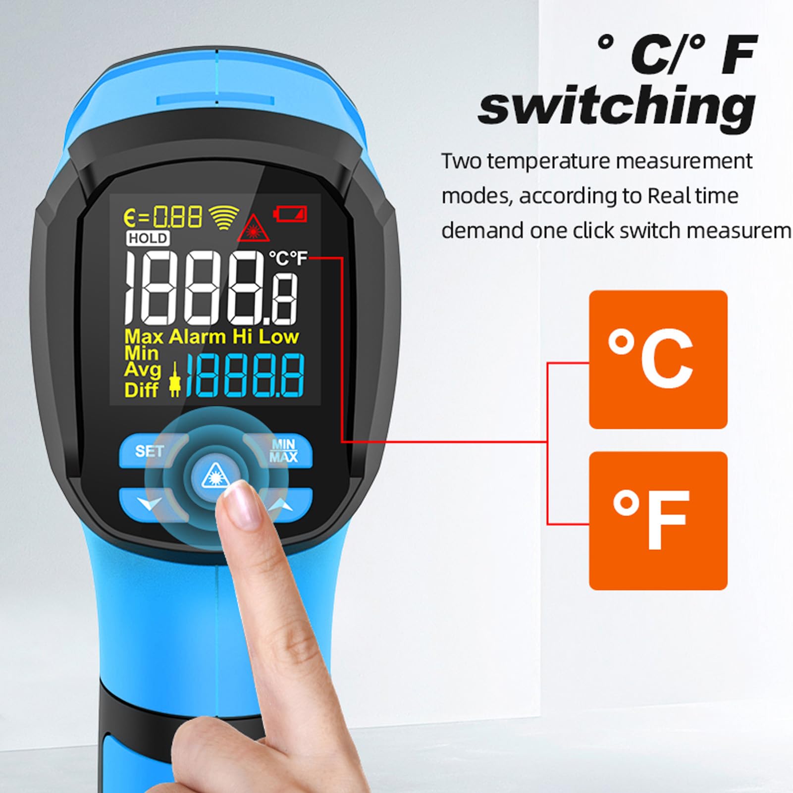 Termometr na podczerwień, Zakres od 50 do 1 D S, od 14 do 2912 Stopni Fahrenheita z sondą Typu K Kolorowy Wyświetlacz LCD Piekarnika, Grilla, zastosowań Przemysłowych