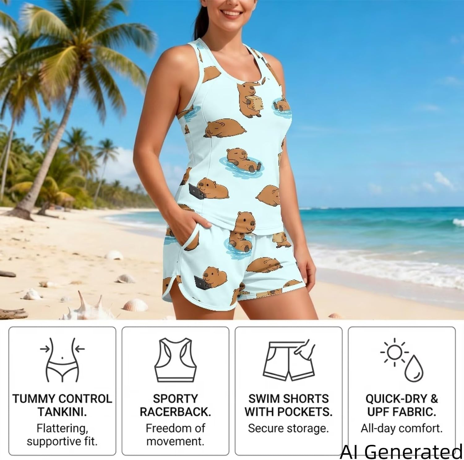 Tankini Swimsuits for Women Tummy Control Two Piece Modest Bathing Suit Swim Tank Top with Pockets Shorts Swimwear