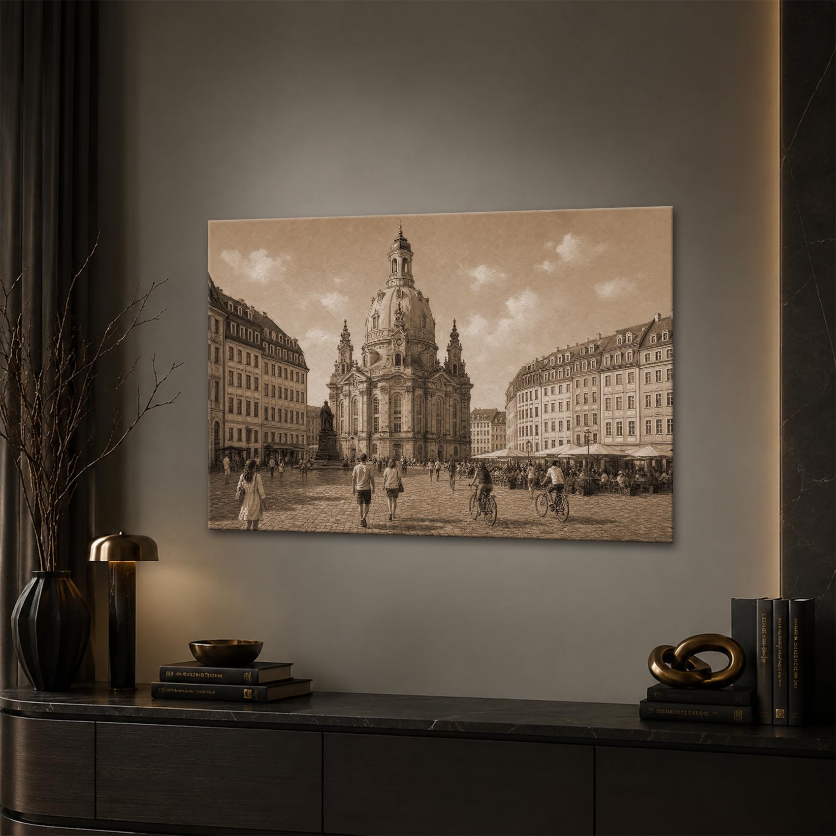 deyoli Obraz na płótnie Ludzie przed historycznym kościołem Marii Panny 70x50cm Sepia