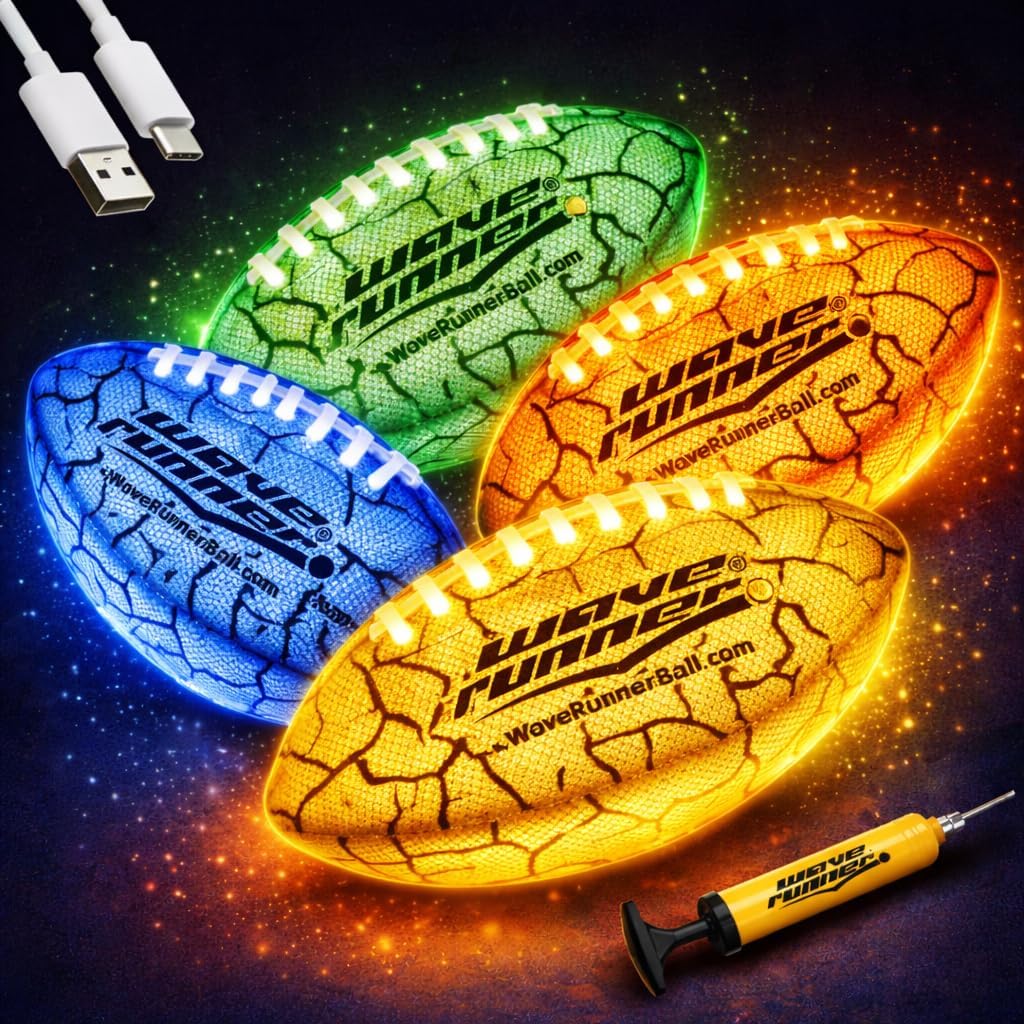 Wave Runner Glow in The Dark LED Football - Junior Size Waterproof Light Up Football, Type-C Rechargeable with Pump, Outdoor Sports Toy for Kids, Teens, and Adults