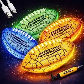 Wave Runner Glow in The Dark LED Football, Light Up Football for Kids 8-12, Junior Size Waterproof Football, Type-C Rechargeable Color Changing LED Sports Toy with Pump, Outdoor Gifts for Boys Teens