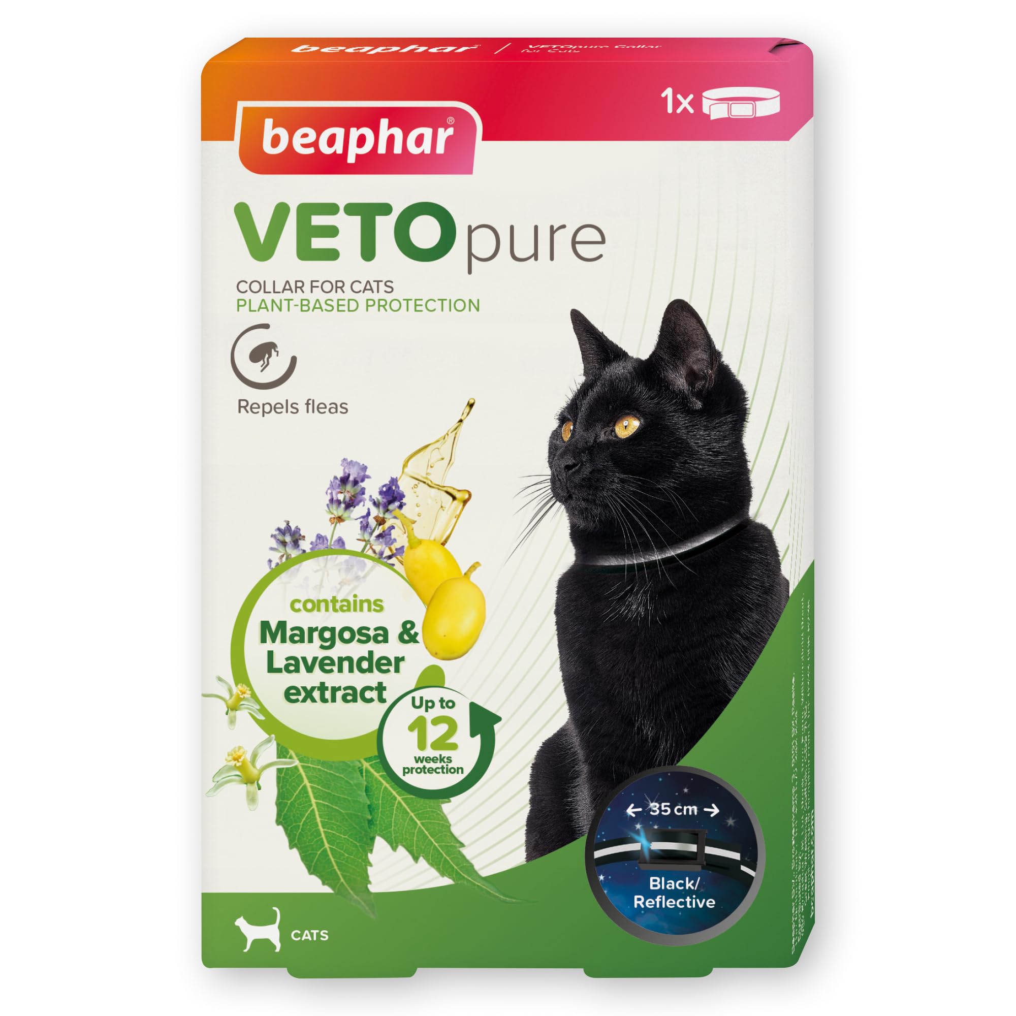 Beaphar - VETOpure Reflective Flea Repellent Collar for Cats - 35cm - Repels Fleas for up to 12 Weeks - Plant-Based Flea Protection With Margosa โ Elastic Safety Link โ For Cats From 12 Weeks Old