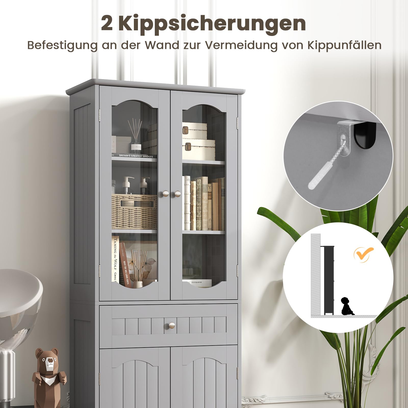 COSTWAY Badkamerkast, vrijstaande hoge kast met 4 deuren, open vak en verstelbare plank, badkamerkast met kantelbeveiliging voor woonkamer, badkamer, keuken (grijs, 164 cm