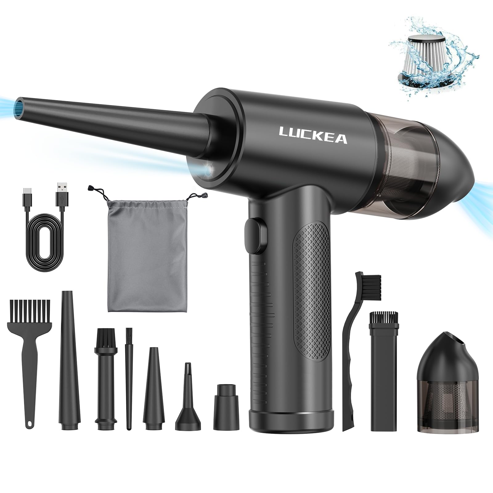 Elektrische Staubgebläse Druckluftspray für PC Reinigung - 3-Gang Air Duster mit 6000 mAh Akku, 5 Blasdüsen 2 Vakuumdüsen, 3 Antistatikbürsten, Compressed Air Luftdruckspray für Elektronik Sofa Auto