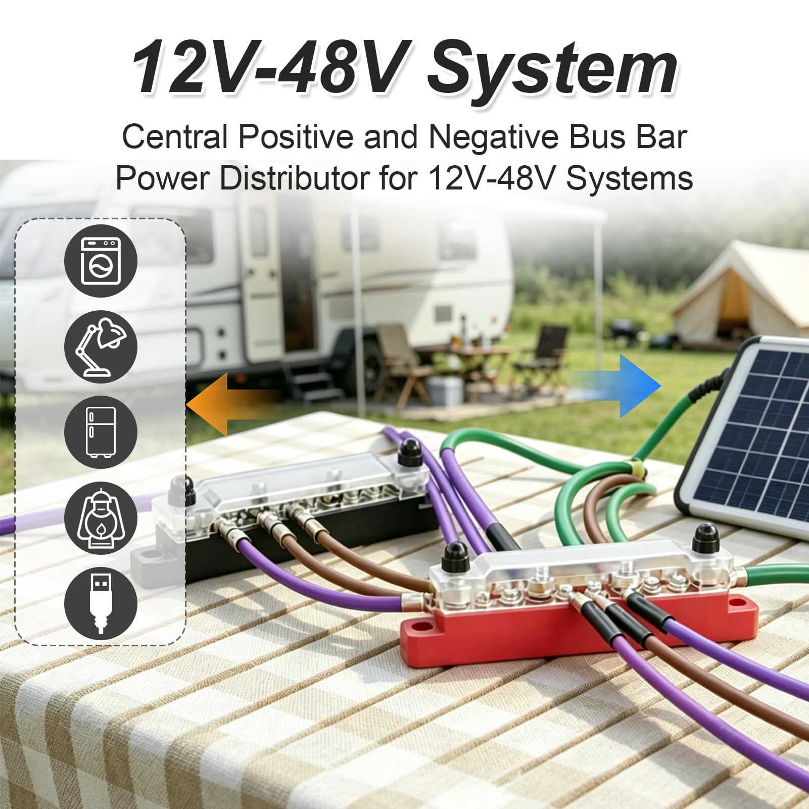 Bloque de Distribución de Energía 12V-48V CC 150A, 2 Piezas Barra Colectora con 4 Pernos M6 y 6 Tornillos M4, Caja de Conexiones con Cubierta para Coche, Barco, Autocaravana y Sistema Solar