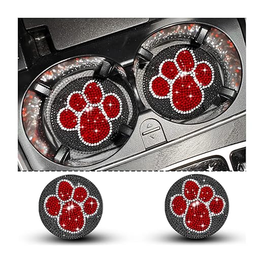 BESULEN 2Pcs Bling Car Cup Holder Coaster, Auto Anti-Slip Shockproof Rhinestone Mat, Crystal Silicone Paw Cup Holder Pad, Universal Vehicle Interior Accessories for Women (Black/Red)