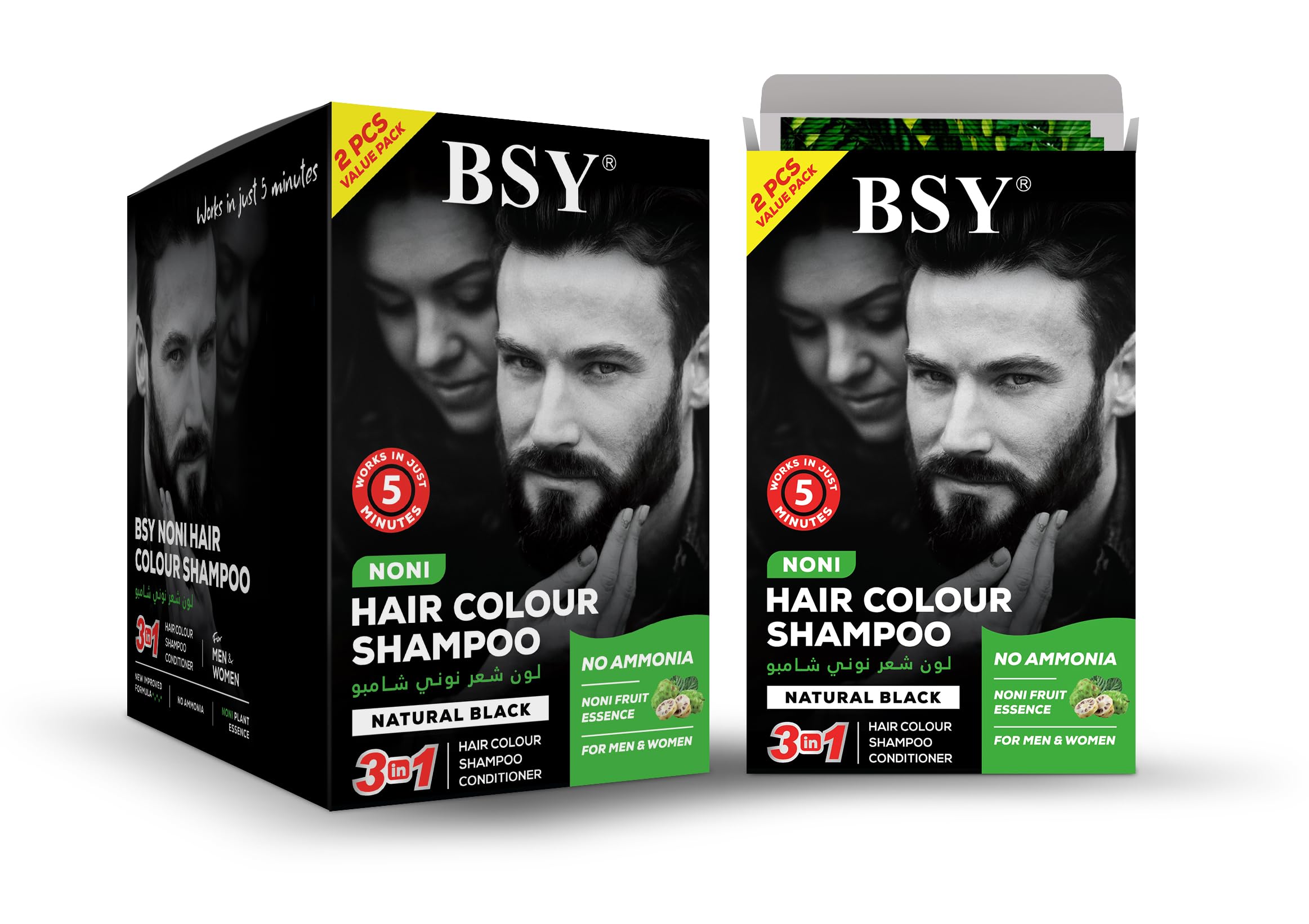 B S Y NONI Black Hair Magic BSY Color Shampoo With Fruit Extracts(color+Shampoo+Conditioner), Ammonia Free, 5 Minutes Color, Permanent Dye - Natural (20mlx2x12) - Value Pack