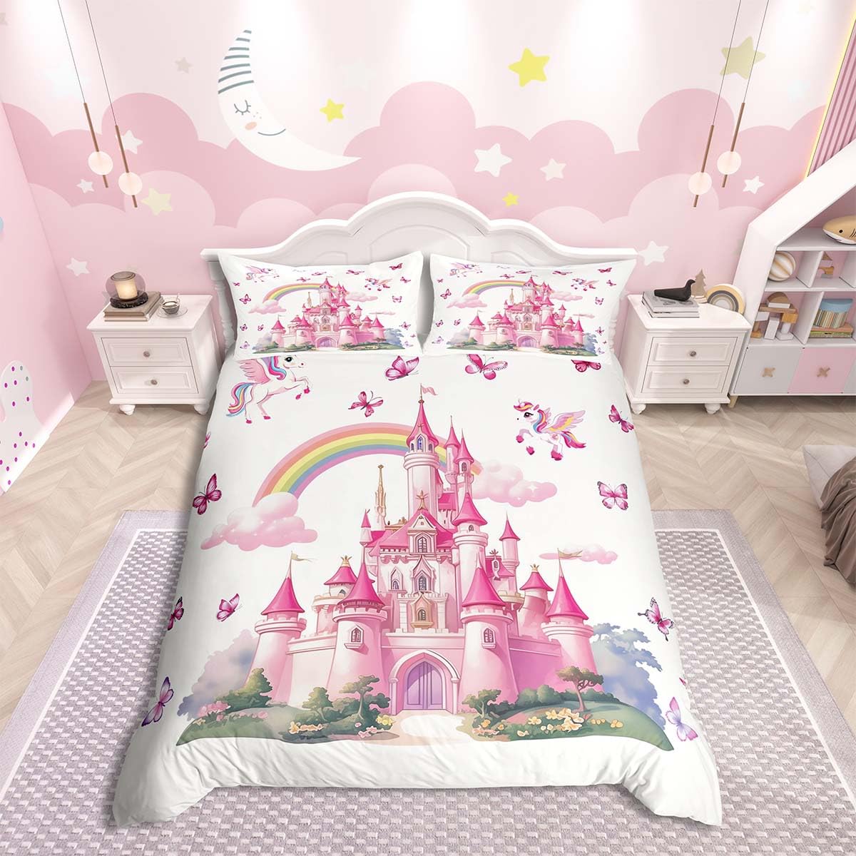 Homemissing Girls Cute Unicorn Duvet Cover Set Super King Size For Kids Boys Girls Fairy Castle Bedding Set Magical Unicorn Duvet Cover with 2 Pillowcases Dreamy Horse Printed Bedding — image 1