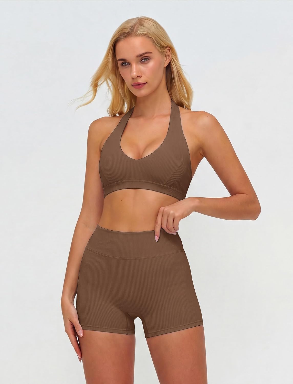 ABOCIW Two Piece Workout Sets for Women Ribbed Halter Sports Bra & High Waist Booty Shorts, Pilates Yoga Gym Outfits