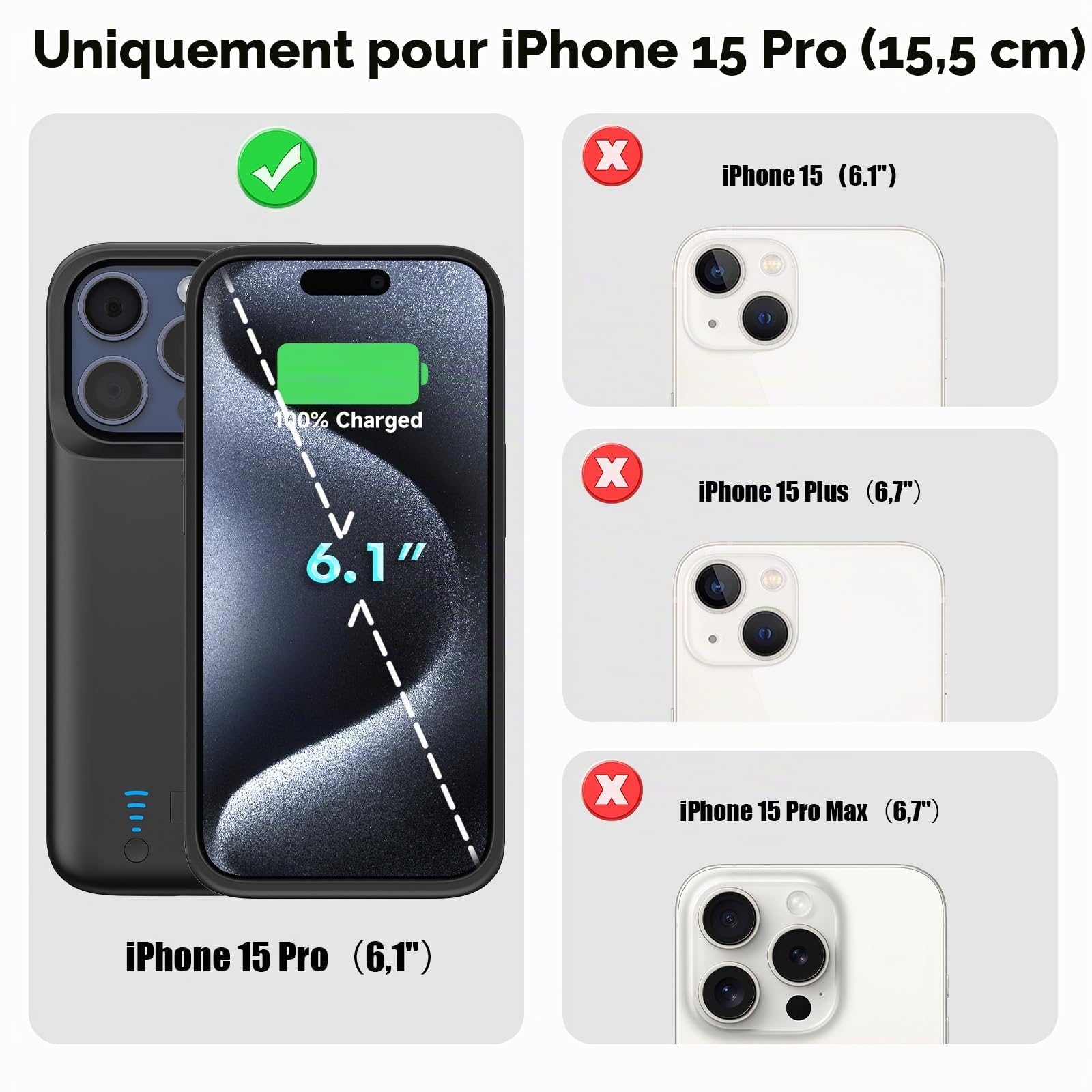 Coque Batterie pour iPhone 15 Pro (6,1"), 8500 mAh, Coque de Charge Étendue, Étuide Protection Portable avec Batterie, Béquille Pliable - Noir