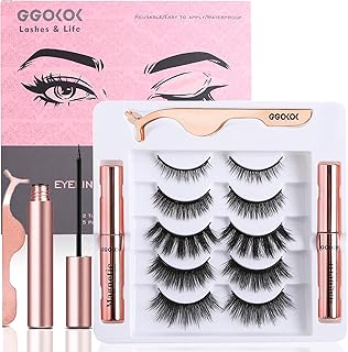 GGOKOK 5 Pairs Reusable Magnetic Eyelashes and 2 Tubes of Magnetic Eyeliner Kit, 3D Magnetic Eyelashes Kit With Tweezers Inside, Magnetic Eyeliner and Magnetic Eyelash Kit - No Glue Needed（Style 1）