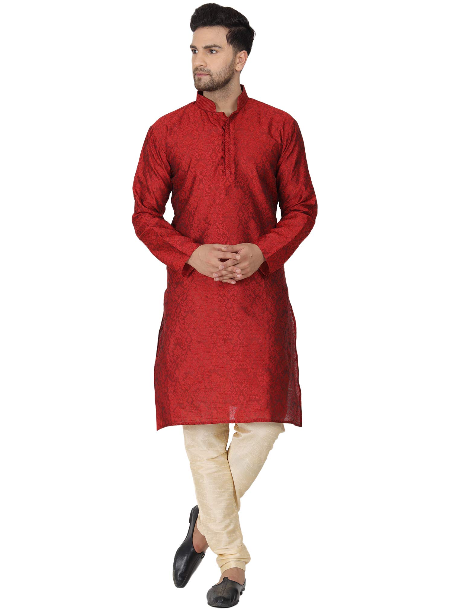SKAVIJ Men's Tunic Art Silk Kurta Pajama Set Indian Party Wear Dress