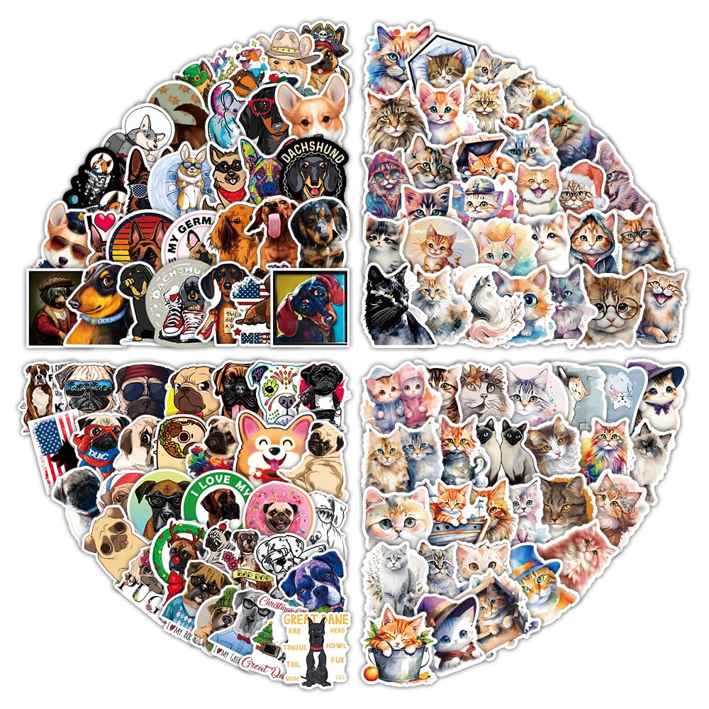200Pcs Pet Cat and Dog Stickers - Waterproof Mixed Pack for Kids Birthday Party, School Reward, Giveaways