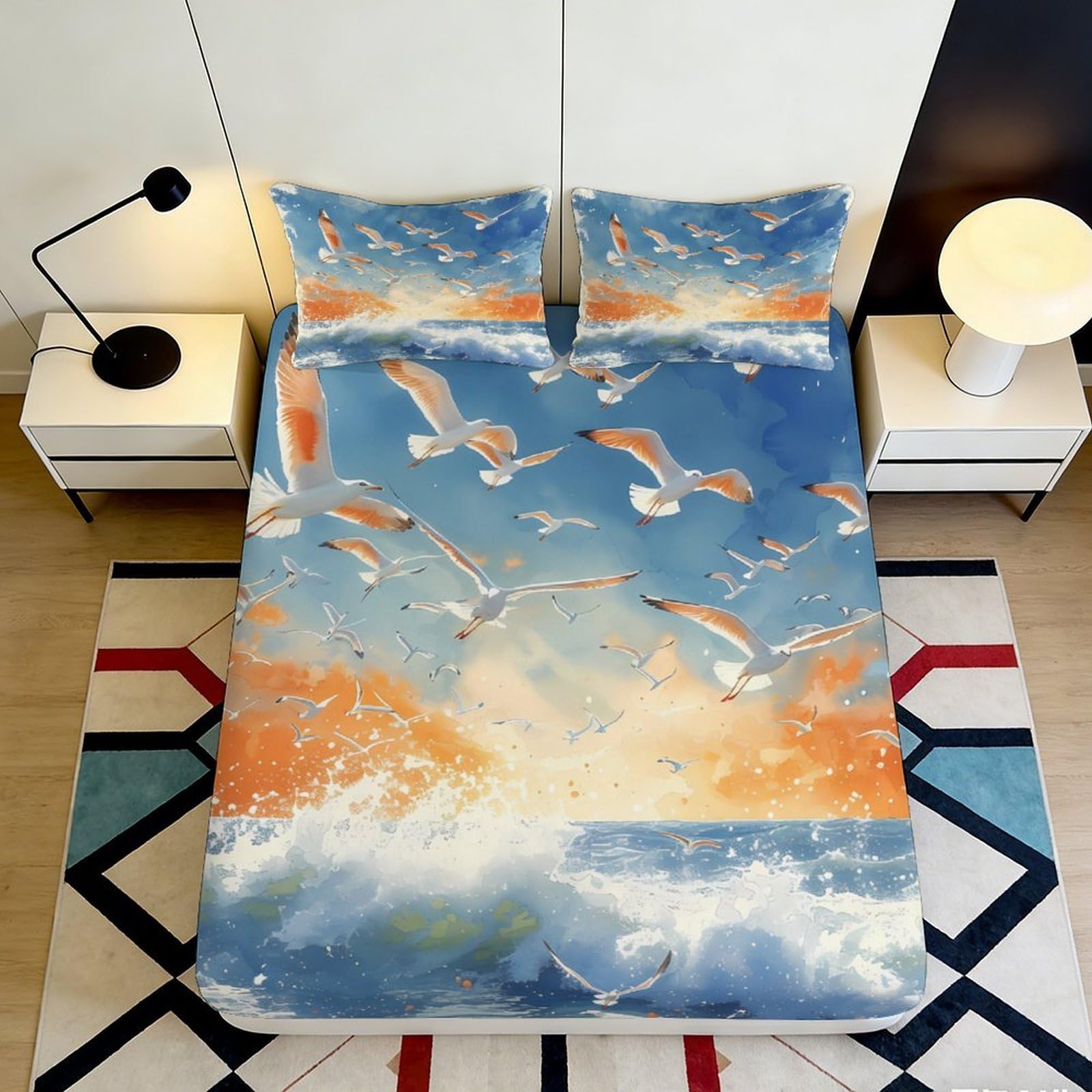 3D Printed Ocean Sunrise Fitted Sheet Microfiber Soft Seagull Mattress Cover for Bedroom Living Room Decor 90x200x25cm
