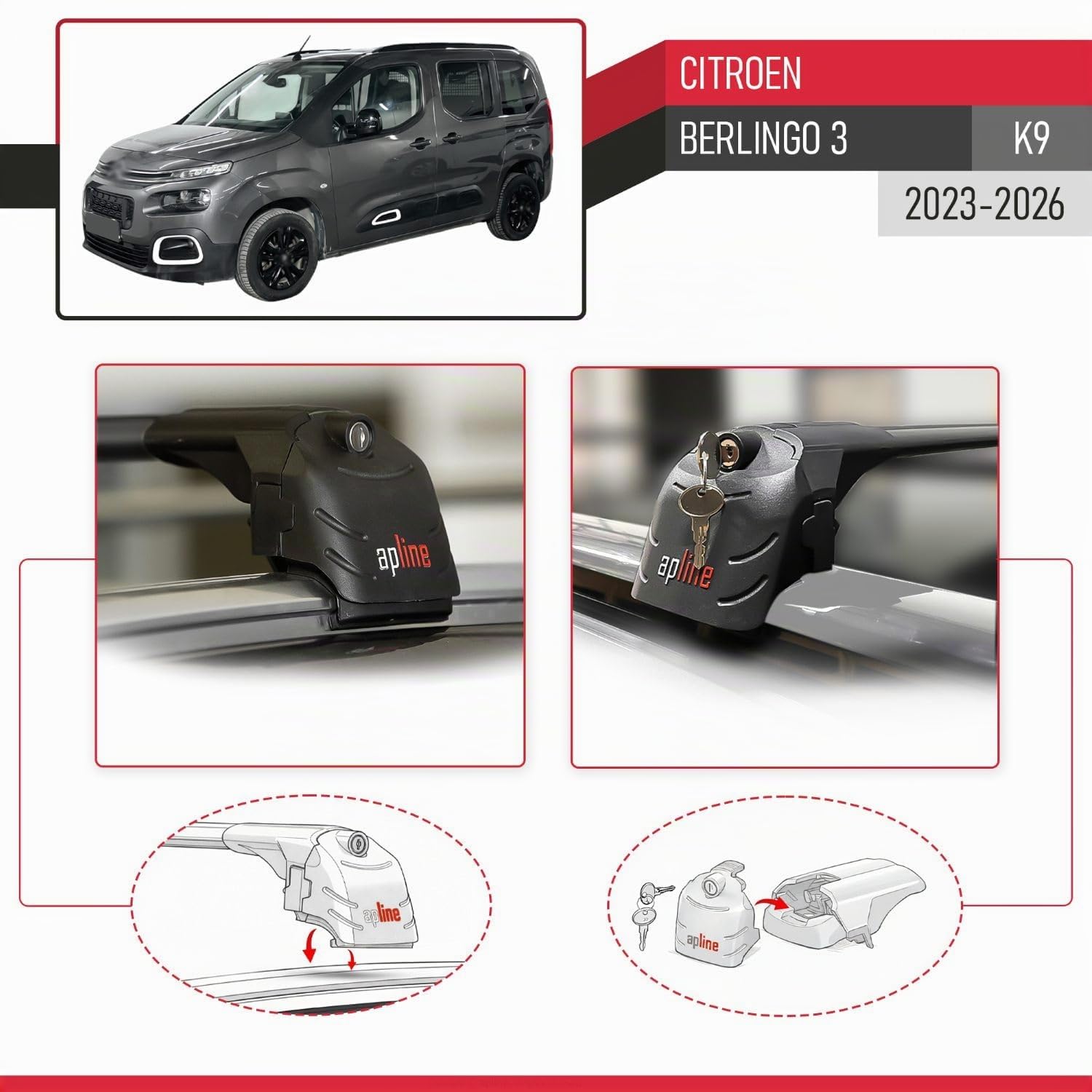 Compatible con Citroen Berlingo 3 (K9) 2023-2026 Modelo Ace-2 Barra de Techo Auto Portaequipajes Barras Transversales Negro Aluminio 2 Barras