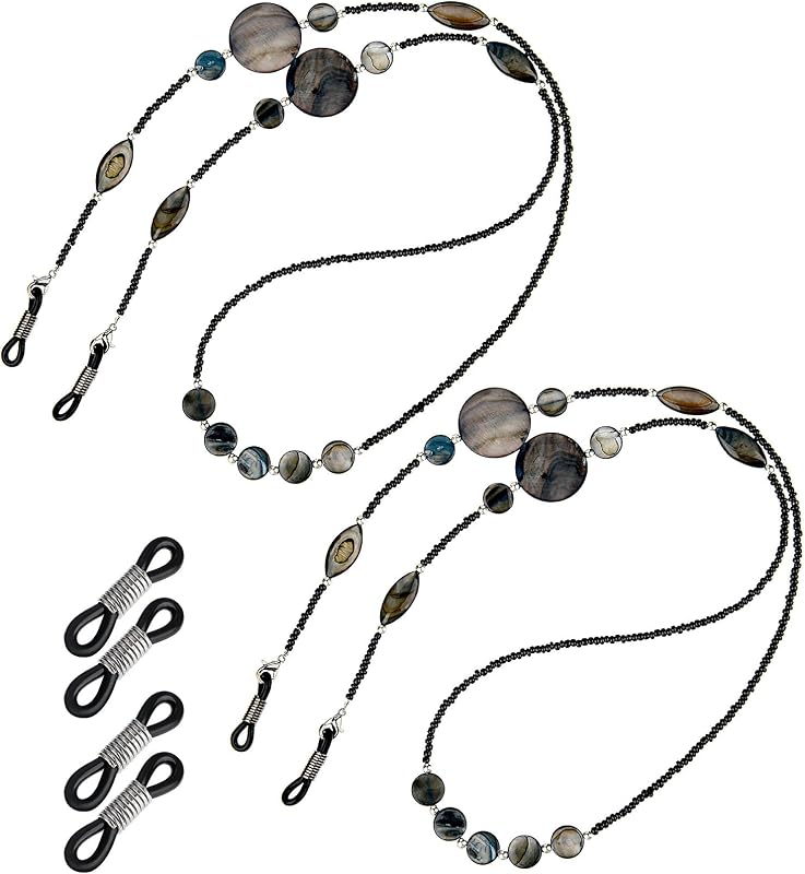 2 Pcs Eye Glasses Chain for Women Beaded Eyeglass Straps Around Neck Stylish Lanyards Sunglasses Holder Chain with 4 Pcs Silicone Loop