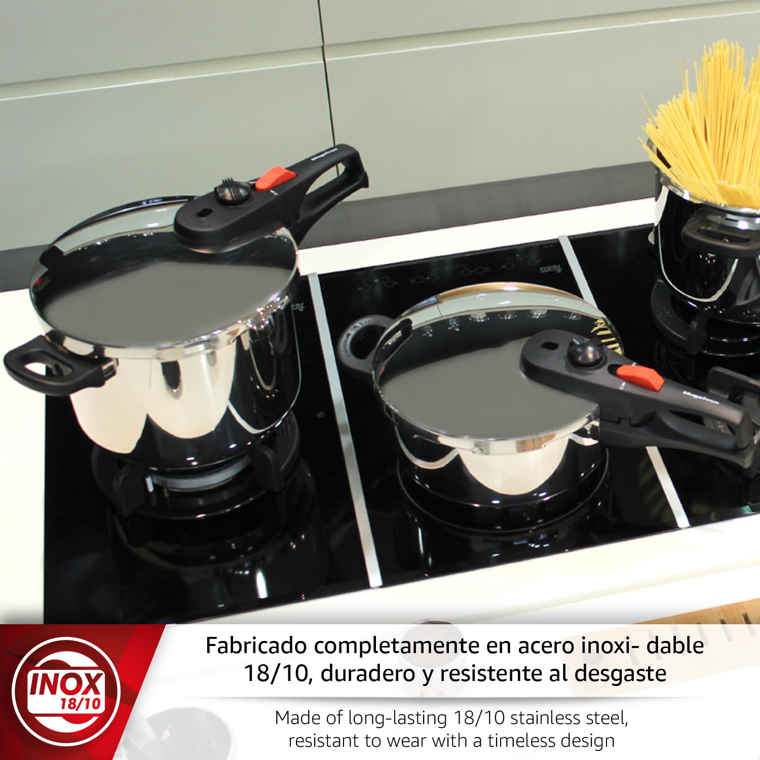 Magefesa Practika Plus - Olla Express Rápida 7.5L, Acero Inoxidable 18/10, Sensor de Presión, Inducción, Ahorro Energético, Cocina Sana, Cierre Fácil