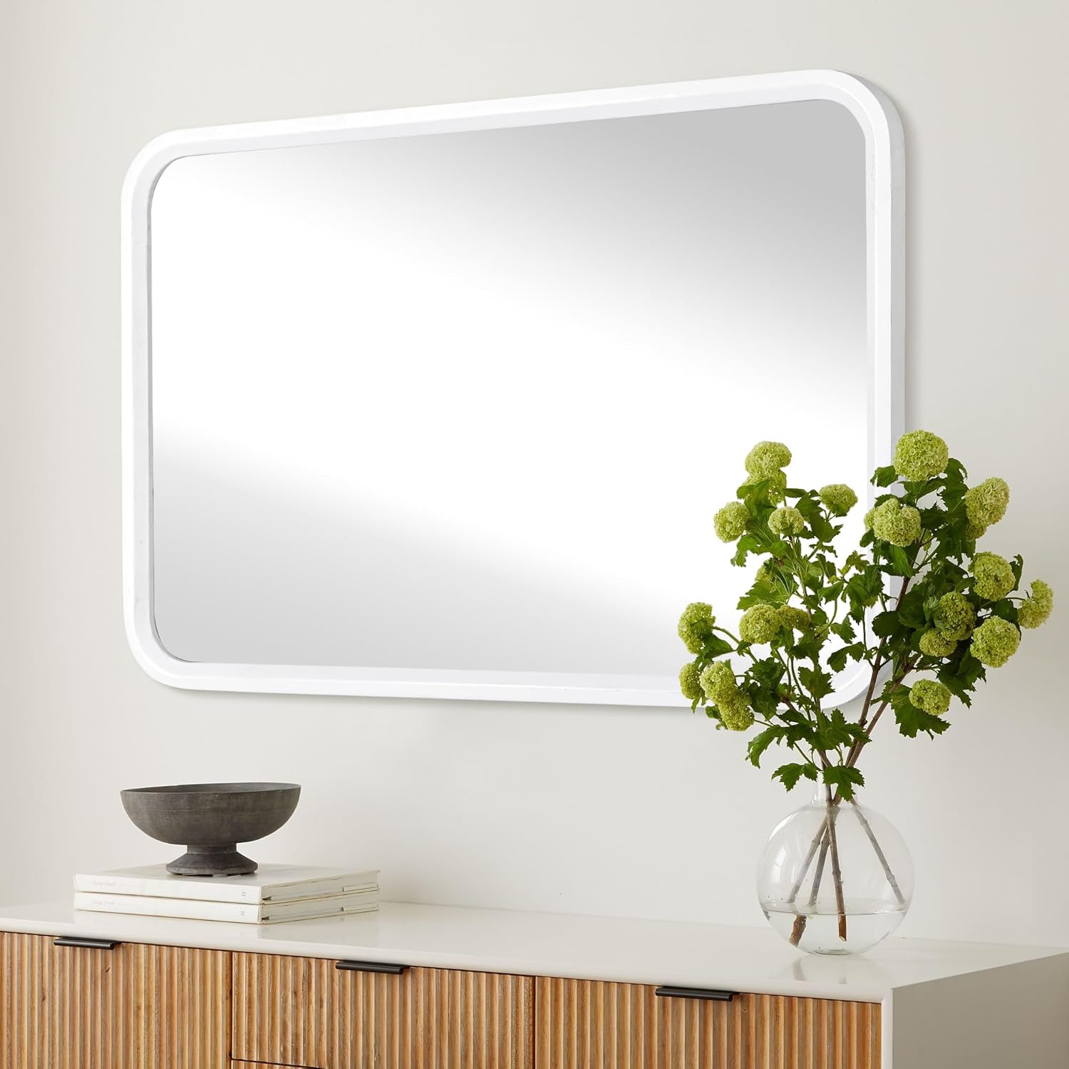 White Bathroom Mirror for Wall,Wood Rectangle 24 x 36 inch Hanging Vanity Tempered Mirrors with Rounded Corner for Living Room,Bedroom,Entryway (White, 24x36 Inch) 36"L x 24"W White