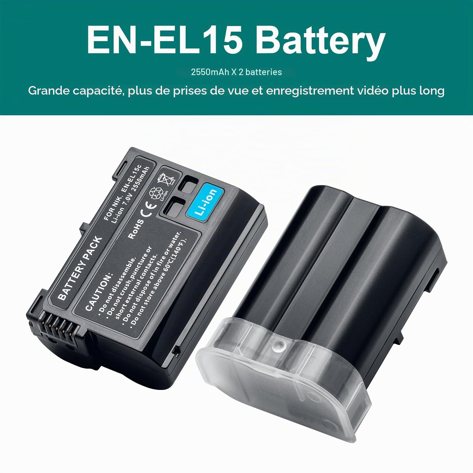 EN-EL15/EL15a/15b/15c Lot de 2 batteries 2550 mAh compatibles avec Nikon D7000, D7100, D7200, D7500, D500, D600, D600E, D610, D750, D780, D800, D800E ,D810 D810E, D850, V1, Z5, Z6, Z7, Z62, Z72