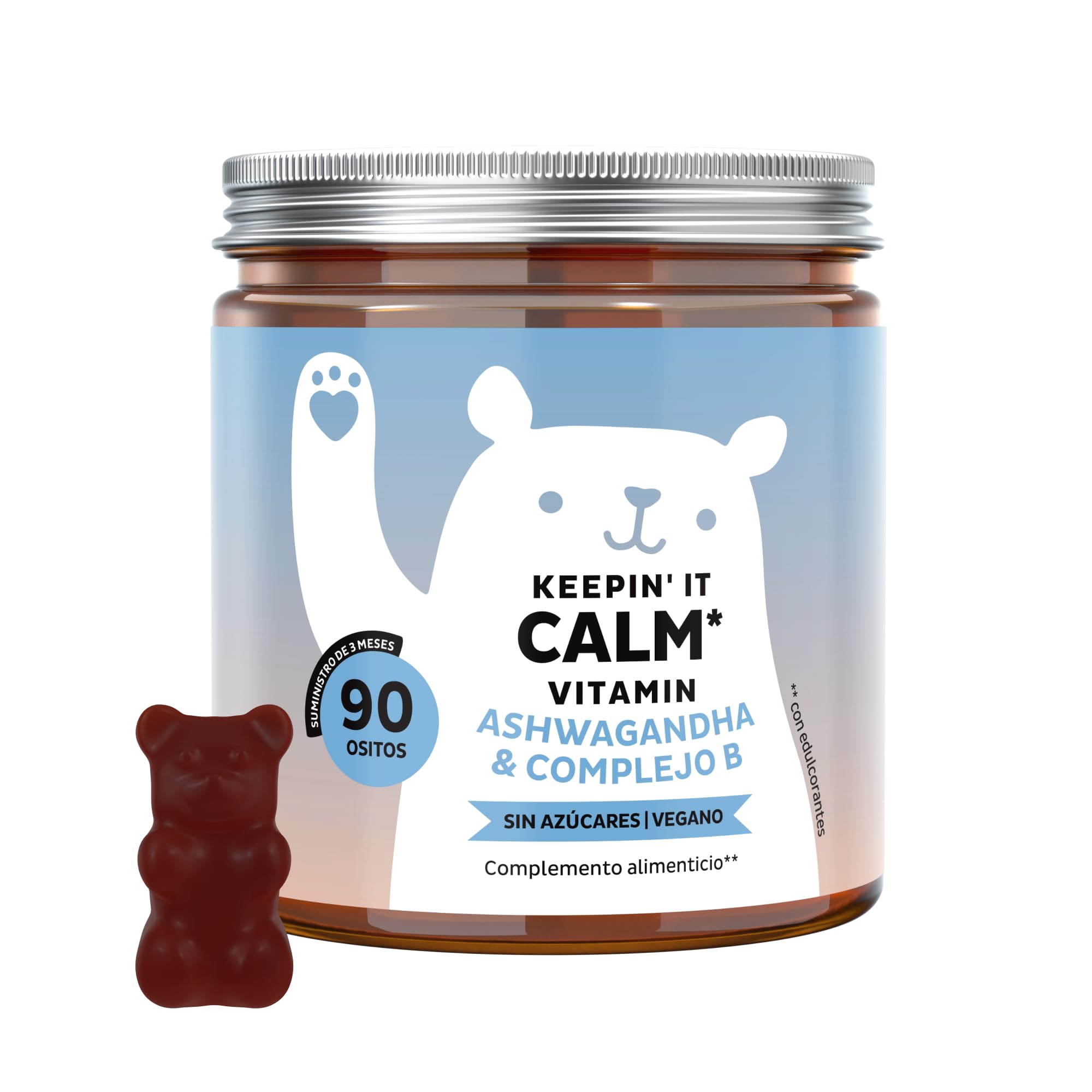 Keepin' It Calm Vitamin – Gominolas con 85 mg de ashwagandha – Complejo B con vitaminas B12, B1, B2 y B6, L-teanina – 90 unidades (3 meses) – Vegano, Sin azúcar – Bears with Benefits