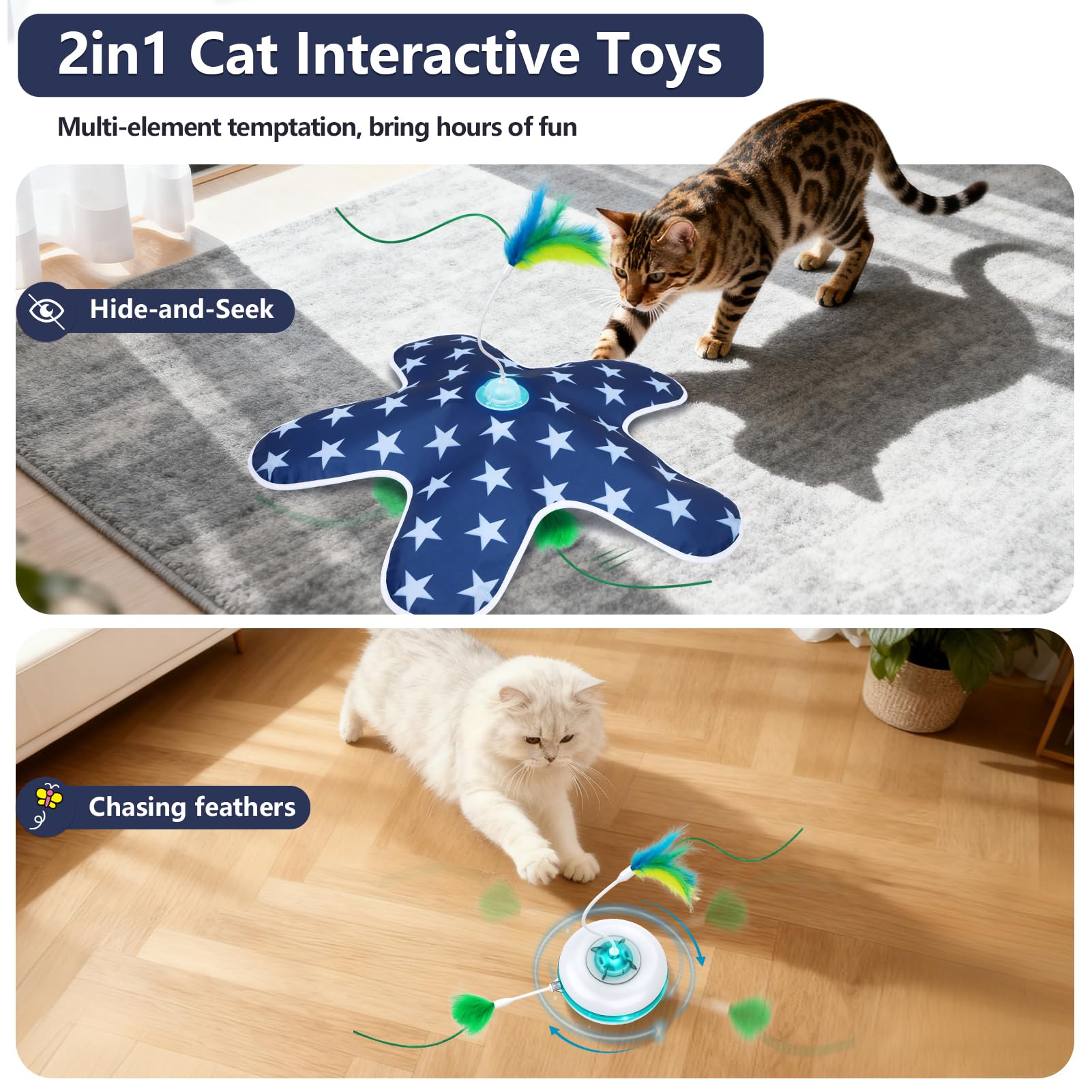 Sofolor Interaktives Katzenspielzeug Tumbler, bewegliche verdeckte Federn, berührungsaktiviert, wiederaufladbares Katzenspielzeug für Indoor-Katzen