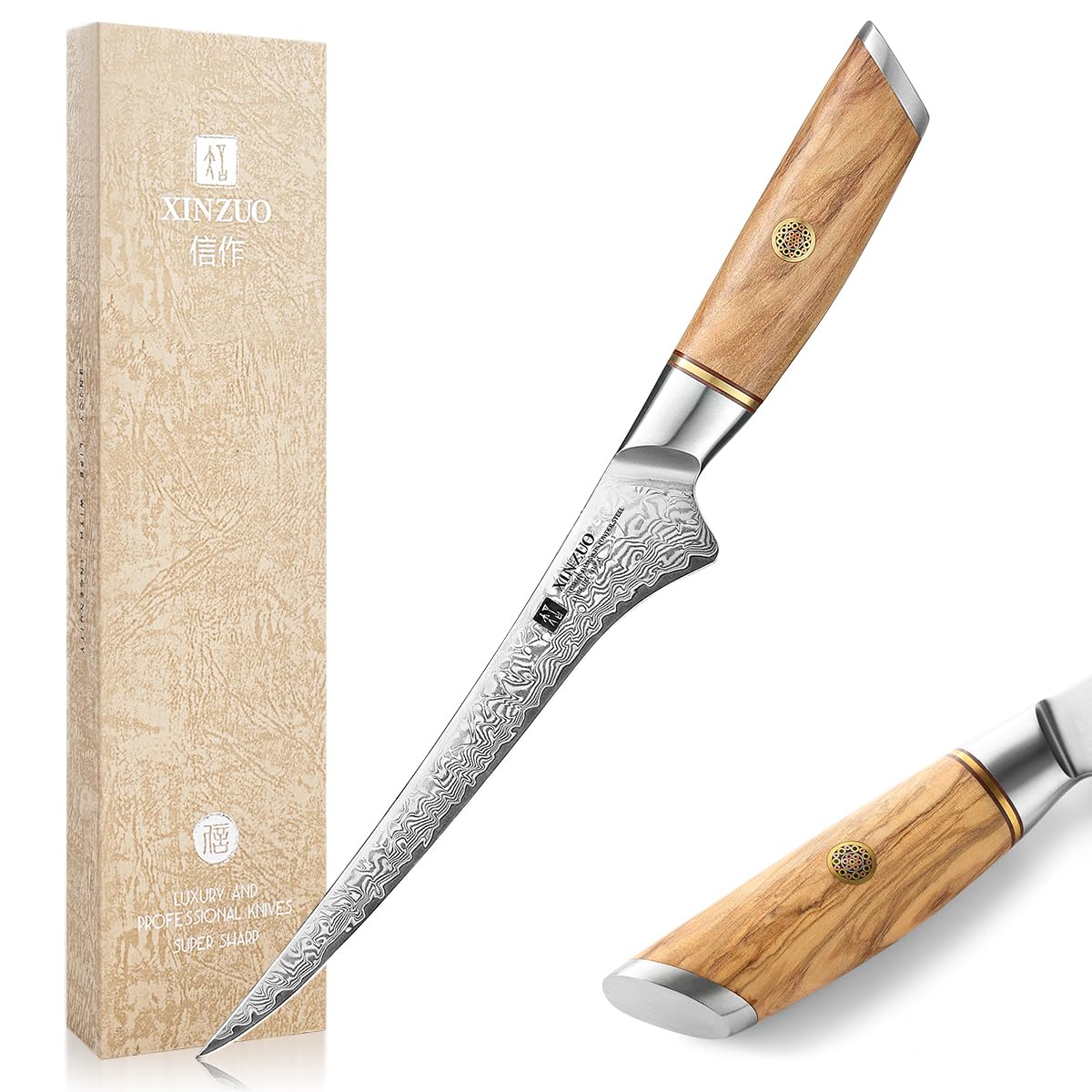 XINZUO Acier en Poudre de Damas 17,8cm Couteau à Filet,73 Couche Damas Acier de Couteau à Désosser pour Désosser le Poisson et la Viande,Couteaux à Fileter Chef Professionnel-Poignée en Bois d'Olivier