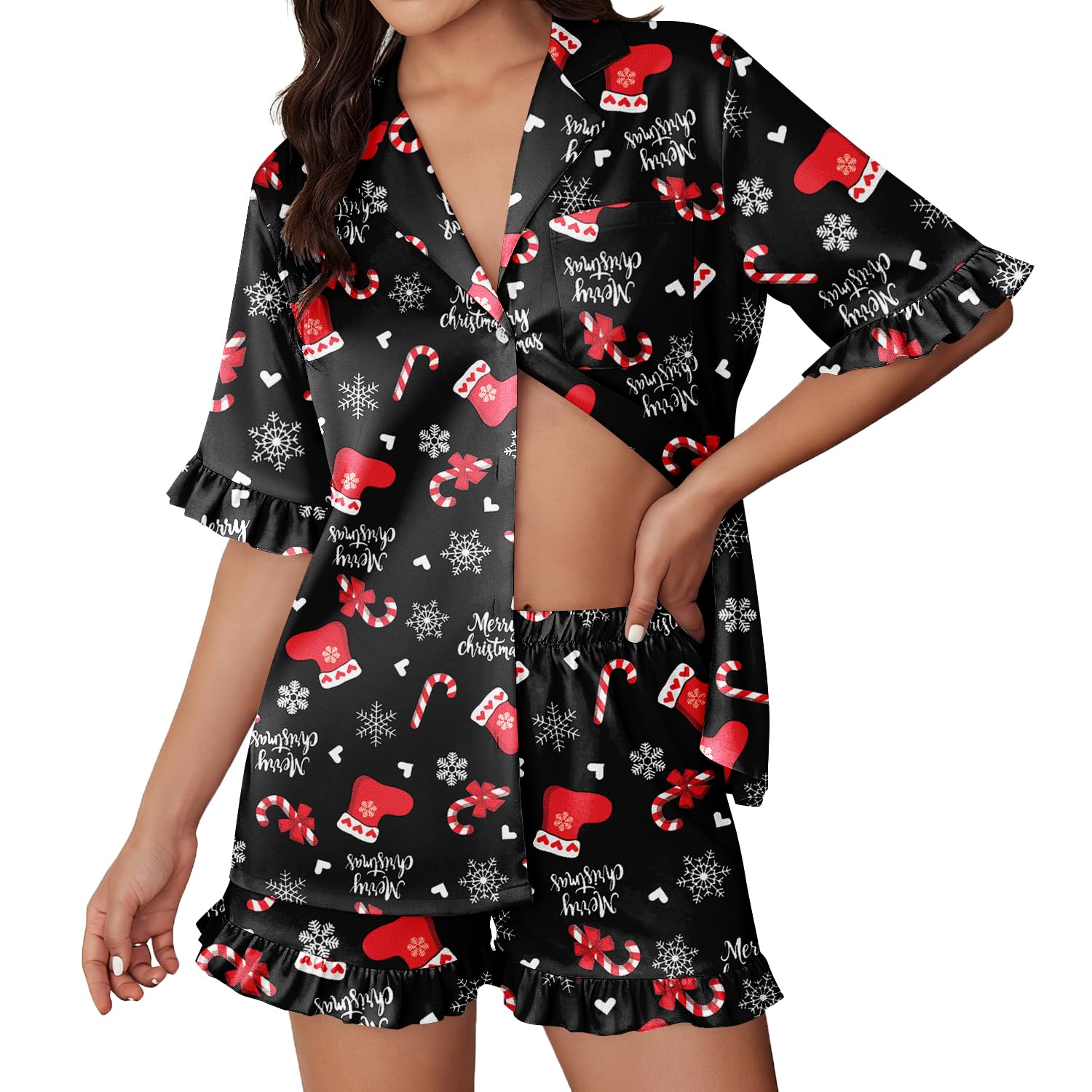 Ekouaer Womens Satin Pajamas Set Button Up Silk Pjs Short Sleeve Shorts Set