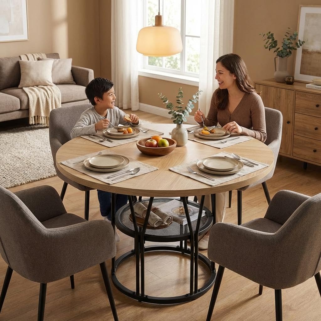 Table de salle à manger ronde de 119,4 cm avec étagère de rangement - Style industriel moderne - Cadre en métal robuste - Pour 4 à 6 personnes - Idéale pour appartement, salon, bureau - Bois