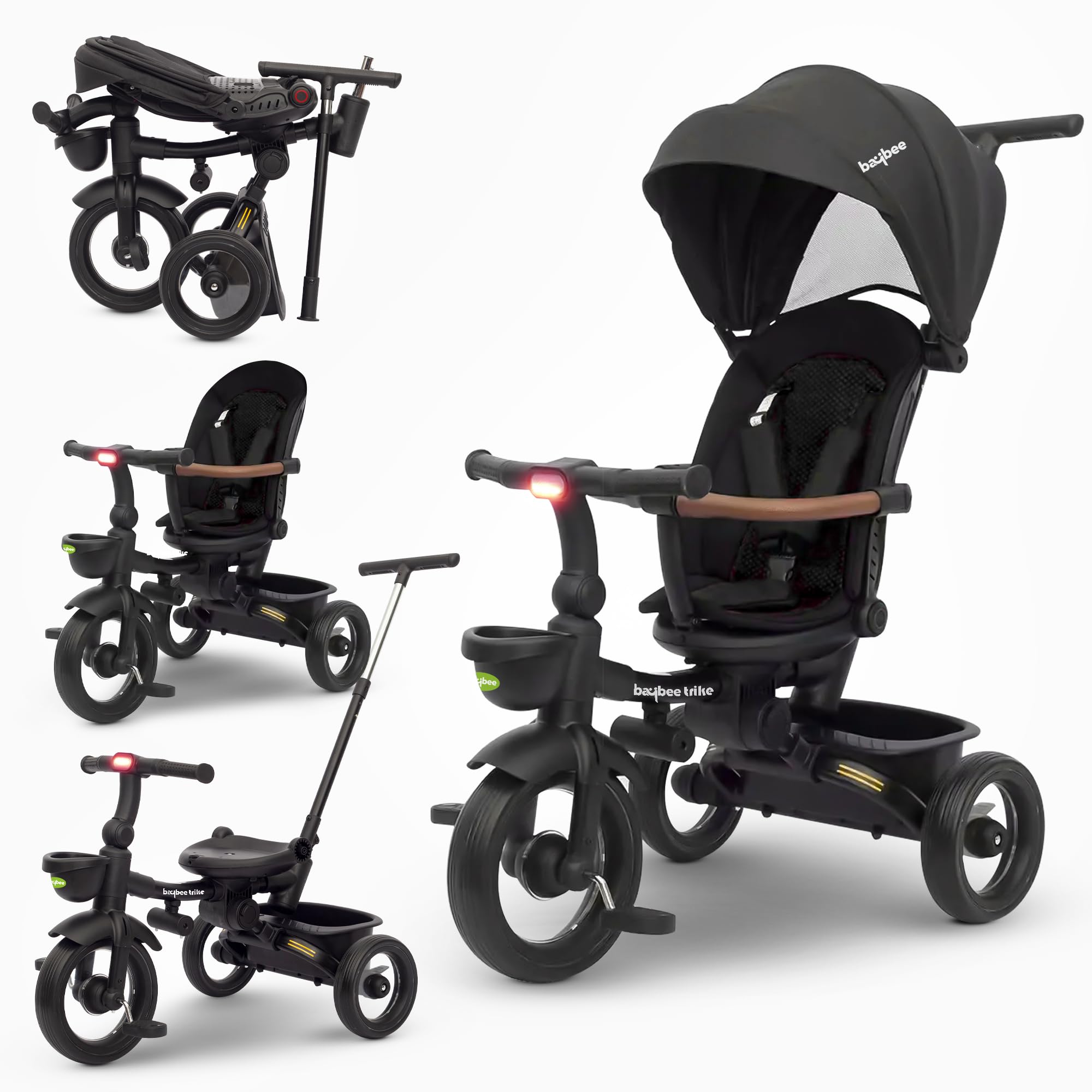 Baybee Cozy 7 in 1 Convertible Tricycle for Kids, Foldable Baby Cycle with Parental Push Handle, Canopy, Rotatable Seat, Light, Safety Bar & Belt | Baby Tricycle for Toddler 1.5 to 5 Years (Black)