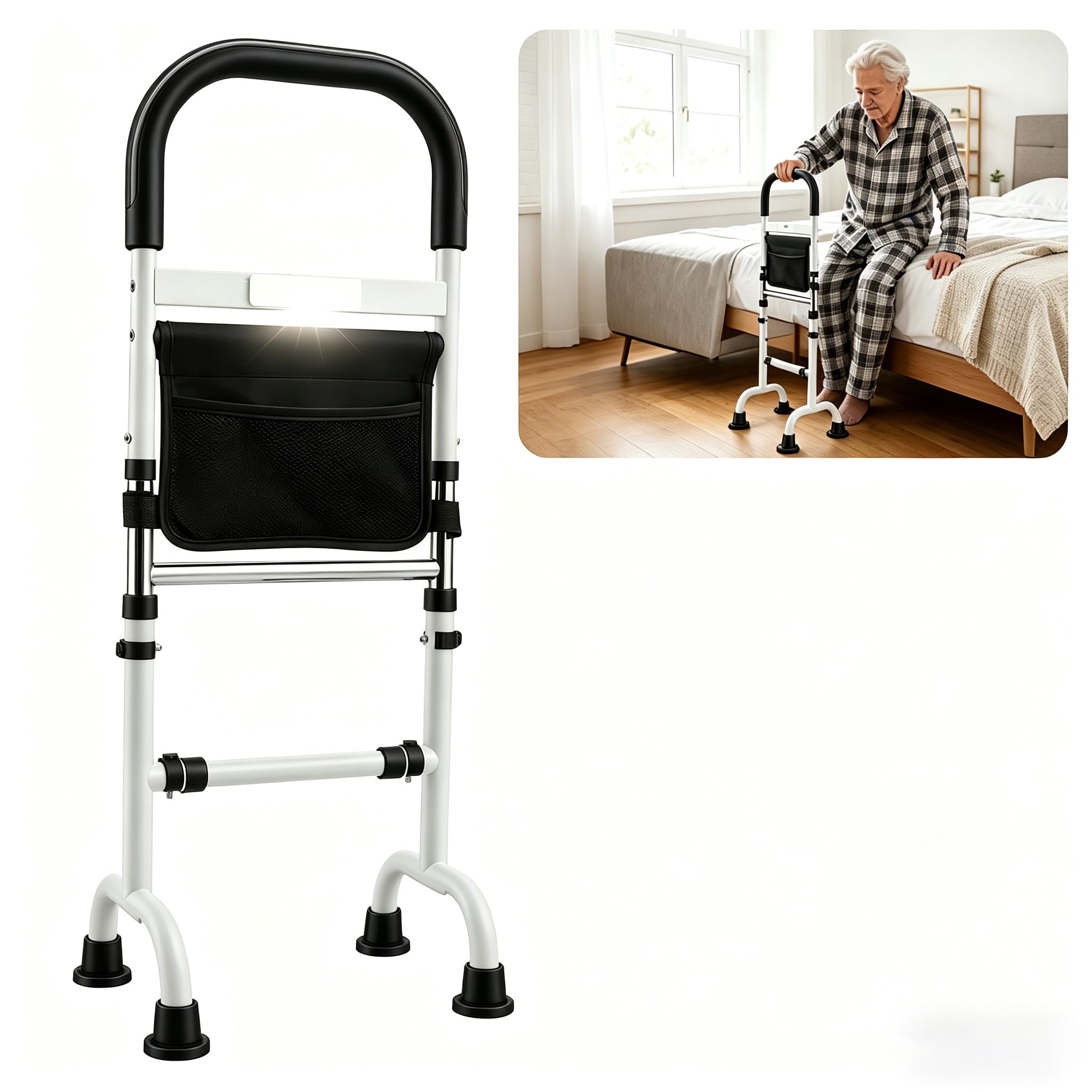 Aide à se Lever Personnes Âgées avec Lampe LED et Sac de Rangement, 6 Hauteurs Réglables 80-95 cm, Acier Carbone Solide, Ventouses Antidérapantes, Charge Maximale 136 kg pour Lit Canapé Toilettes