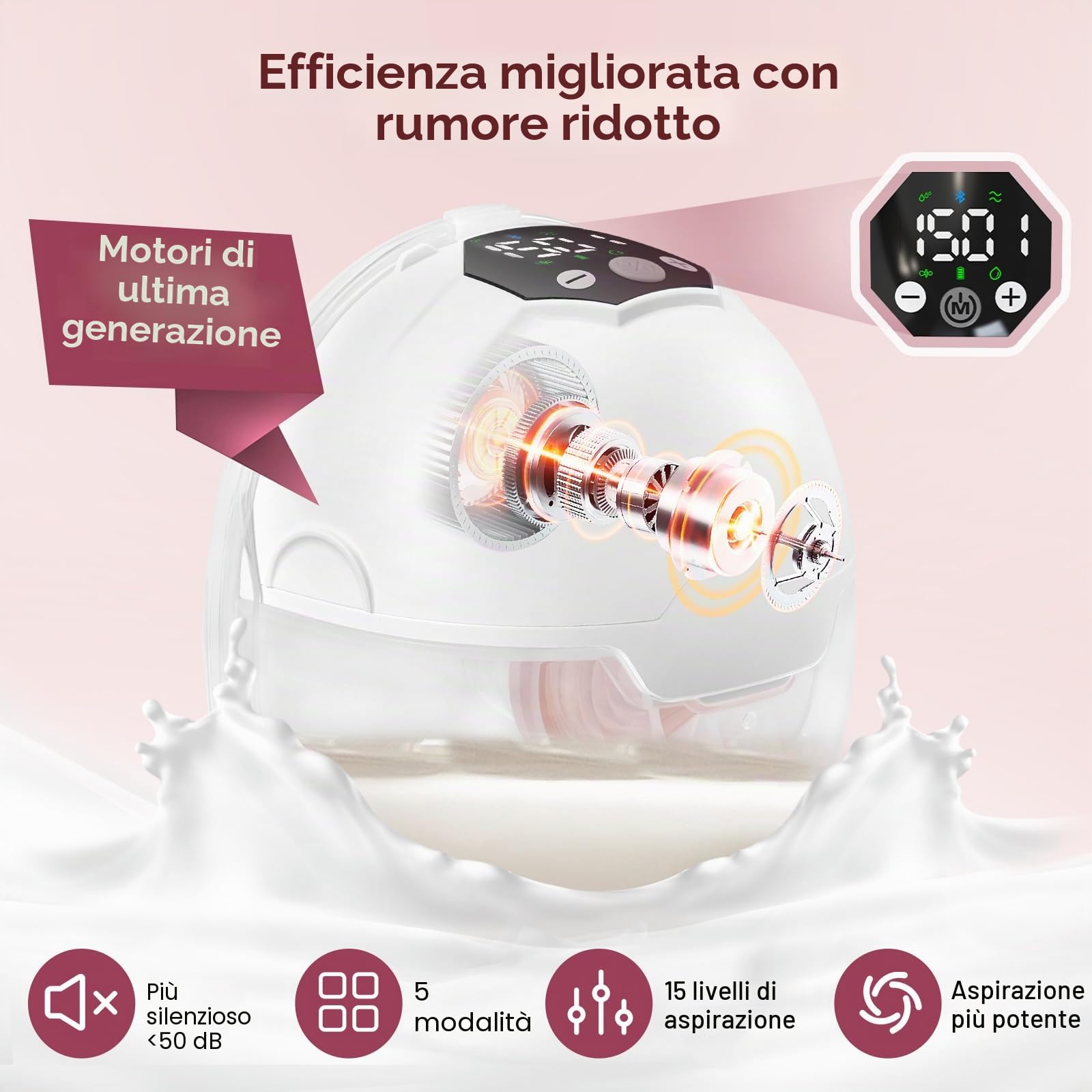 Tiralatte Elettrico Indossabile a Mani Libere, 5 Modalità e 15 Livelli di Aspirazione, Silenzioso <45 dB, tiralatte elettrico portatile con Batteria Ricaricabile USB-C per Casa, Viaggio, Senza BPA