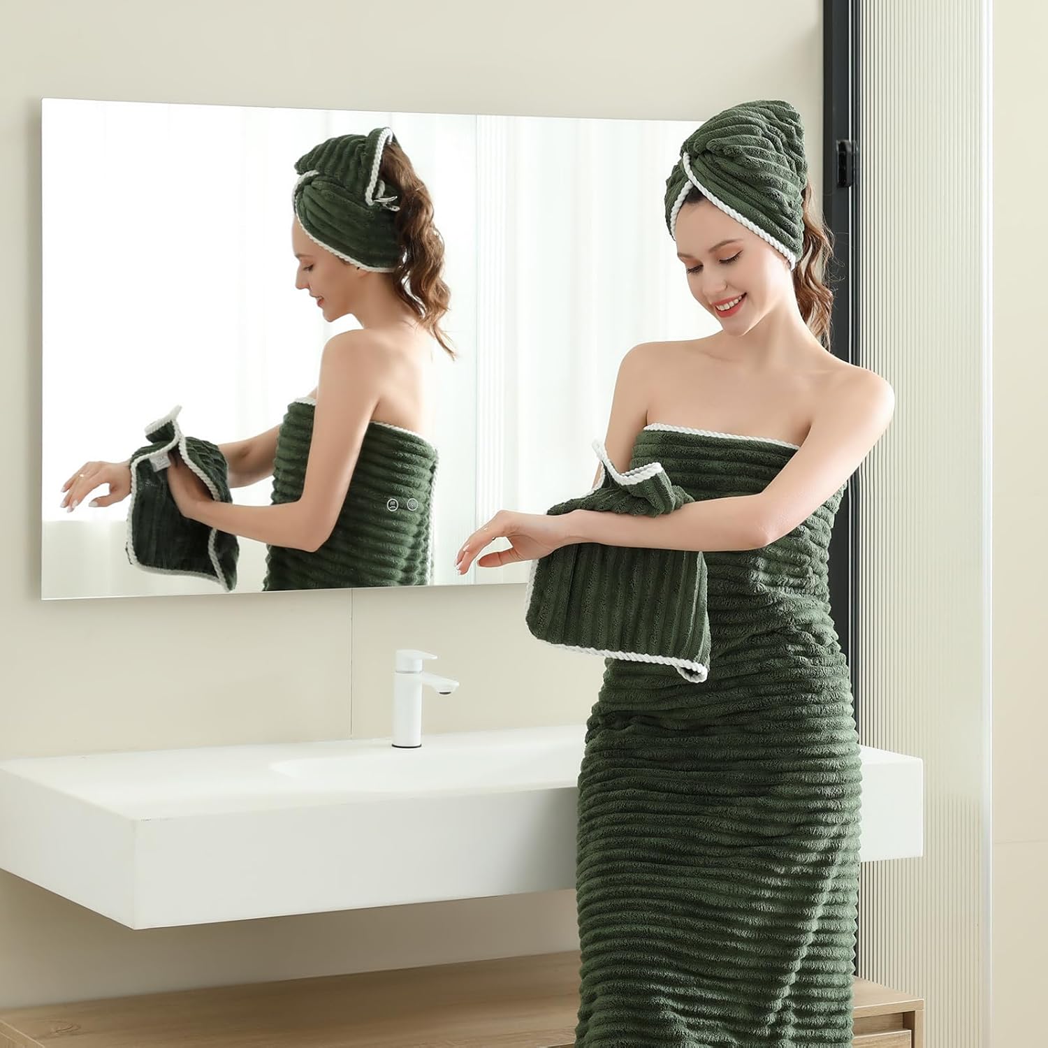 XIQ 39x79 Inches Bath Sheets Extra Large Bath Towels for Adults Luxury Super Soft Absorbent Striped with Hanging Loop Microfiber Shower Towels for Bathroom(Olive Green, 2PCS) - Image 8