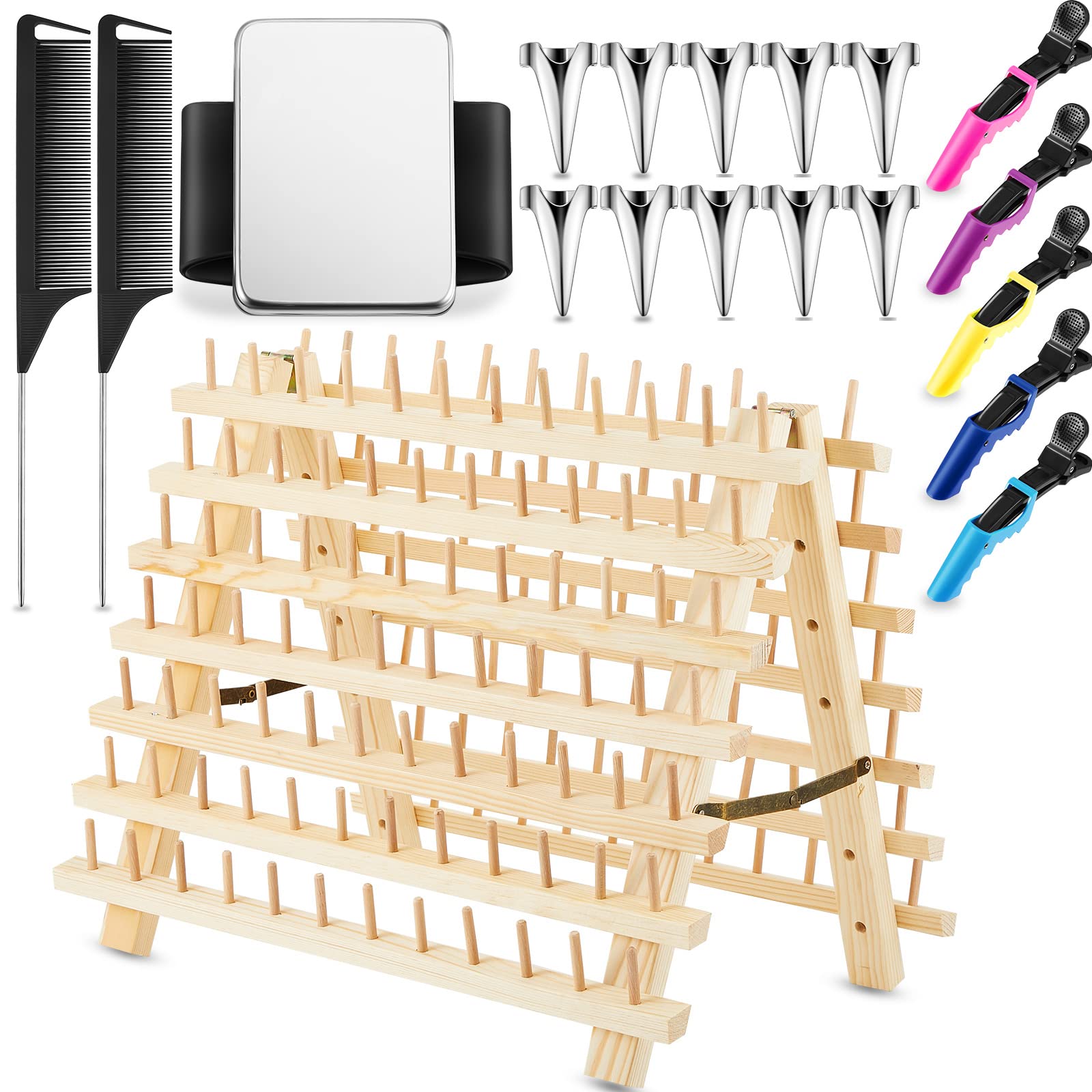 19 Pieces 168 Pegs Braiding Hair Rack Braiding Stand Hair Separator Rack Braid Extension Rack with Hair Parting Ring Hair Sectioning Clips Rat Tail Comb Magnetic Sewing Pincushion (Wood Color)