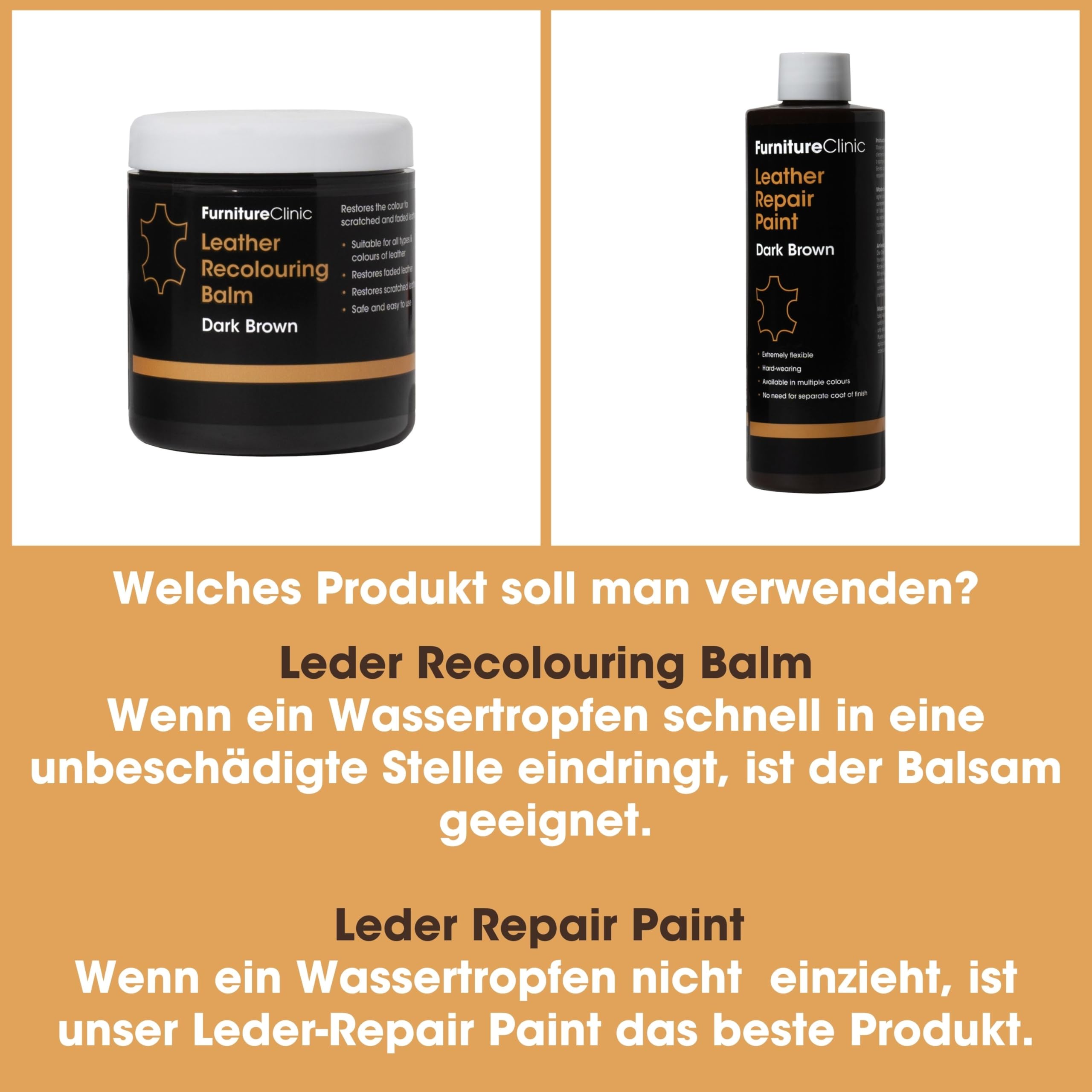 Furniture Clinic Komplettes Leder restaurierungs-Set – enthält Leder-Balsam, Schutzcreme, Reiniger, Schwamm und Tuch – für Autositze, Sofas, Bekleidung, Schuhe und Taschen (Dunkelbraun)
