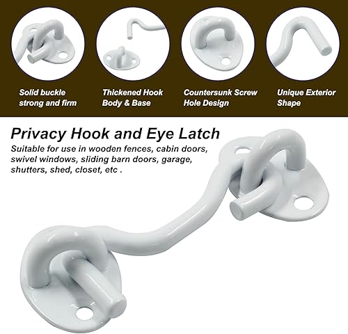 Miniatura 4 de Zorveiio 2 ganchos de privacidad blancos de 3 pulgadas y pestillo de ojal, cerradura de gancho de acero inoxidable para puerta de granero con