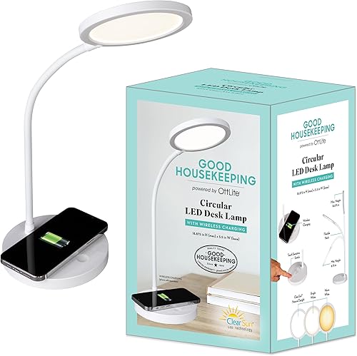 OttLite Good Housekeeping - Lámpara de escritorio LED circular con carga inalámbrica, diseñada para reducir la fatiga ocular, cuello ajustable, 3