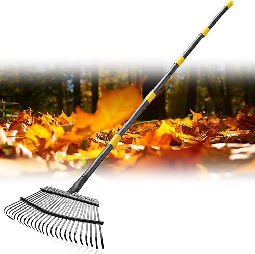 Rastrillos grandes para césped resistentes, rastrillo de jardinería con asas de 65 pulgadas de largo, 25 púas de metal de extracción rápida de