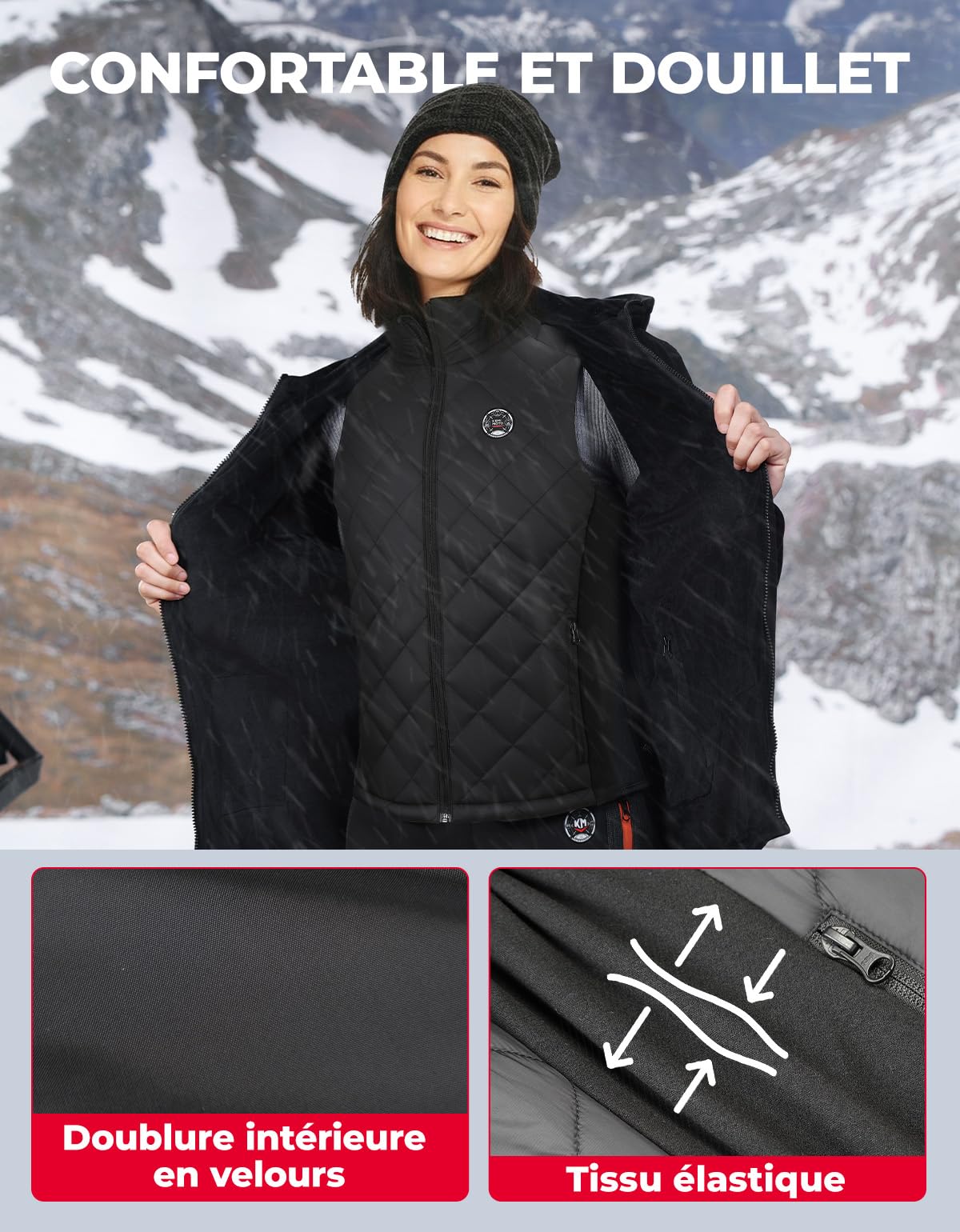 KEMIMOTO Gilet Chauffant Femme 10000 mAh 3 Températures 4 Zones de Chauffage Contrôle par Application Moto Randonnée Camping