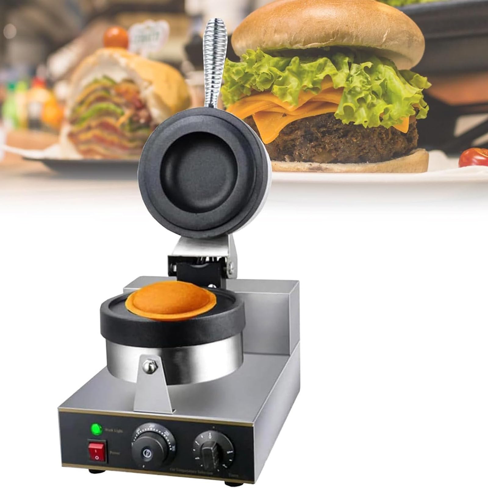 Piastra elettrica Antiaderente da 1200 W per Waffle, Hamburger, panini e Pane - Design Rotondo con Funzione Timer, Ideale per Uso Domestico e Commerciale.