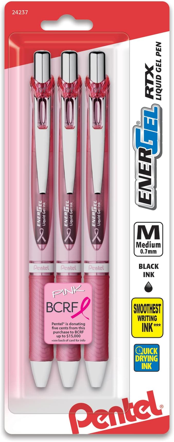 EnerGel® RTX Retractable Liquid Gel Pens, Medium Point, 0.7 mm, 54% Recycled, Assorted Barrel Colors, Black Ink, Pack Of 3 Pens