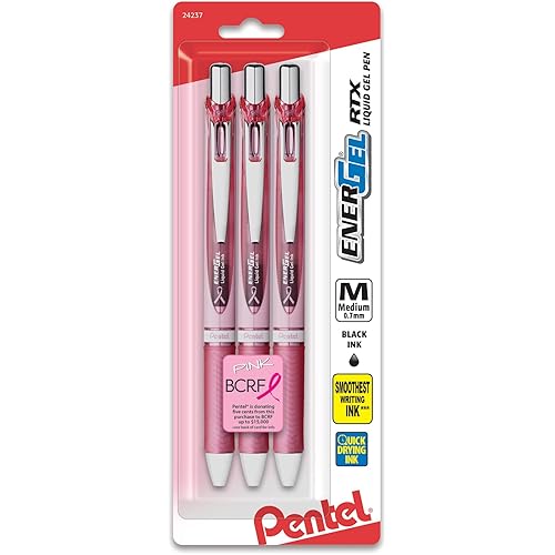 Pentel Pink BCA EnerGel Retractable Liquid Gel Pen, (0.7mm), Medium Line, Metal Tip, Pink Barrel, Black Ink, Pack of 3 (BL77PBP3A-BC)