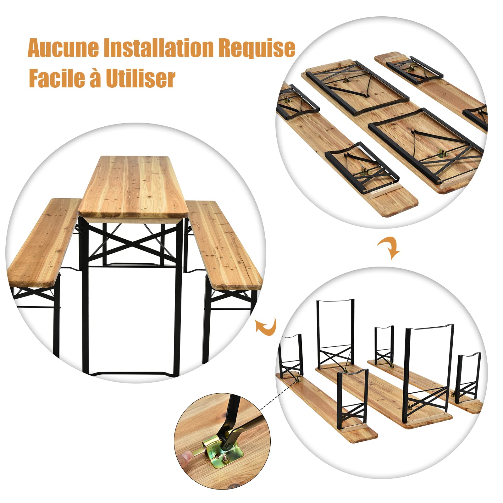 COSTWAY Ensemble Table Pliante et Bancs de Pique-Nique 180CM en Bois