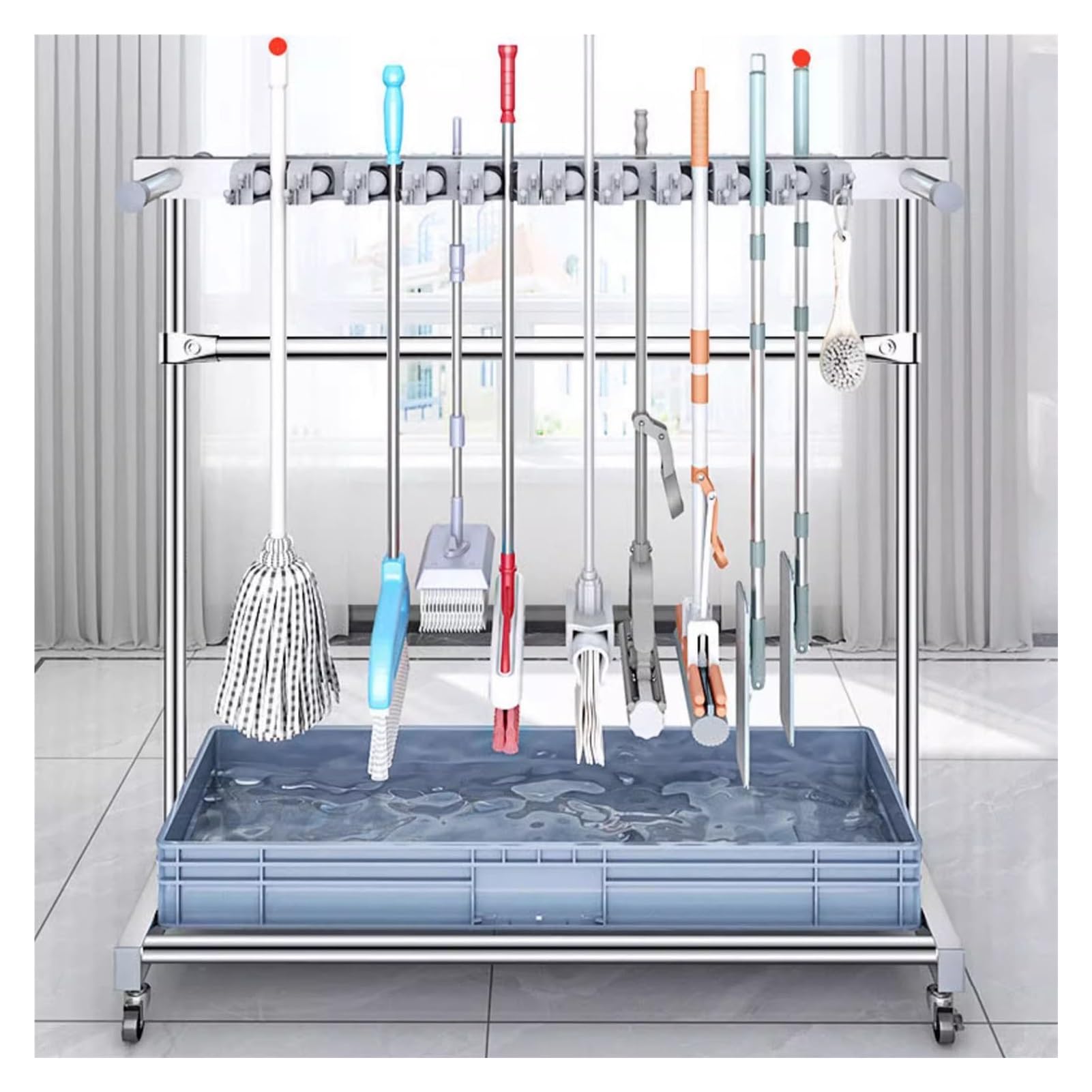 Mop Hanger Holder with Rolling Wheels, Industrial Steel Freestanding Broom Storage Utility Rack, Home/ Garage/ Garden/ Yard Tool Cart, Load 220lbs ( Color : Gray1 , Size : 67x50x122cm/26.4x19.7x48inch