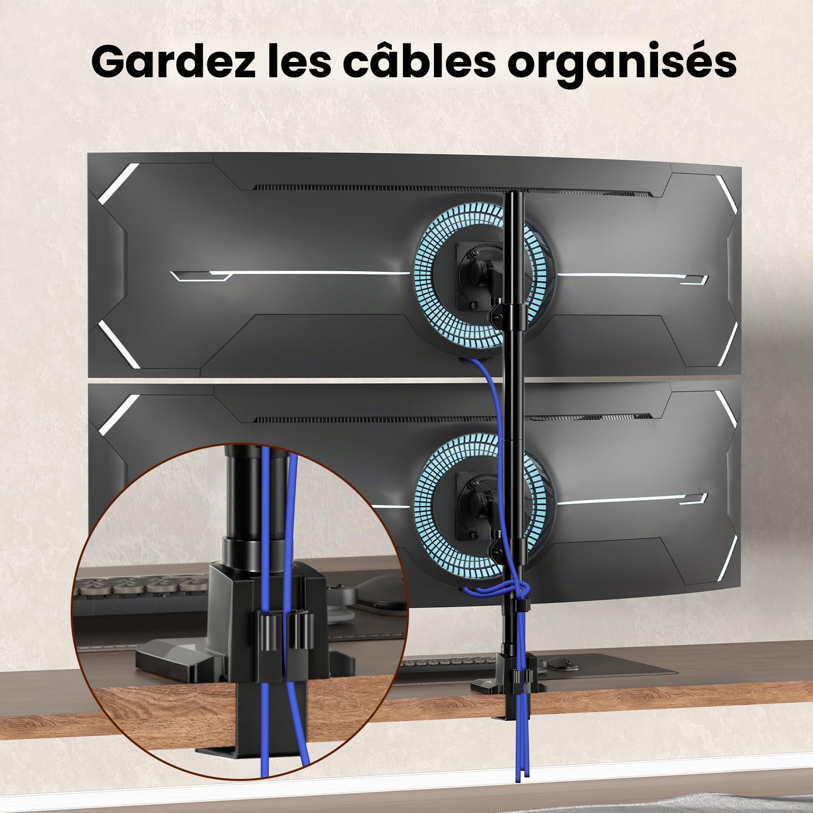 Support Double écran Vertical 24-57", 27kg/Bras, VESA 75/100