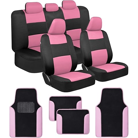 BDK PolyPro Pink Car Seat Covers Full Set with 4-Piece Car Floor Mats - Two-Tone Seat Covers for Cars with Carpet, Interior Covers for Auto Truck Van SUV