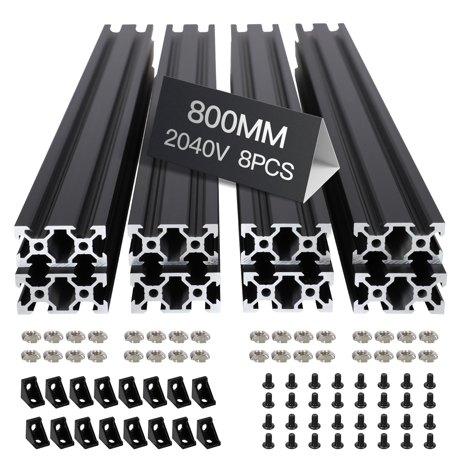 8pcs 800mm 2040 V-Slot Extrusion Aluminum Profile, Anodized Linear Rail for 3D Printer Frame, CNC Machine, DIY Robotics & Structural Projects Black