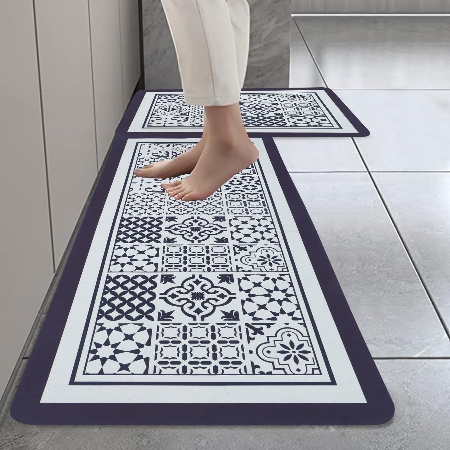 HomeCloud Rubber Kitchen Mats for Floor Set of 2 Pcs | Non-Skid, Soft Absorbent Rugs for Kitchen, Laundry, and Hallway | 120x40cm, 40x60cm| 4mm Thickness (White_Abstract) (B0DBHT1YQT) Amazon Price History, Amazon Price Tracker