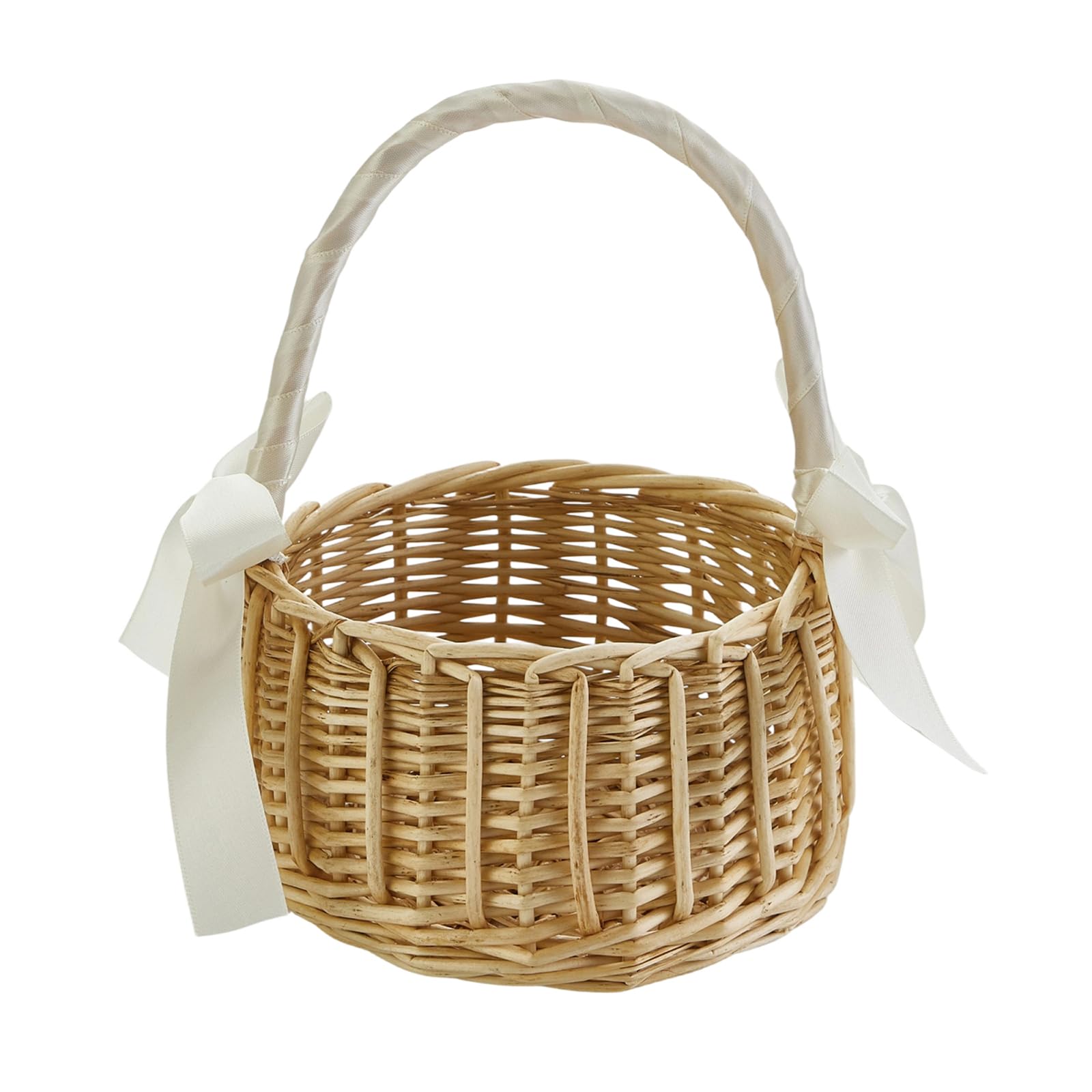 Woven Flower Basket Elegant Rustic Bows Large Capacity Lightweight Portable Basket for Storage,Weddings and Picnic (White, 15cmx24cm)