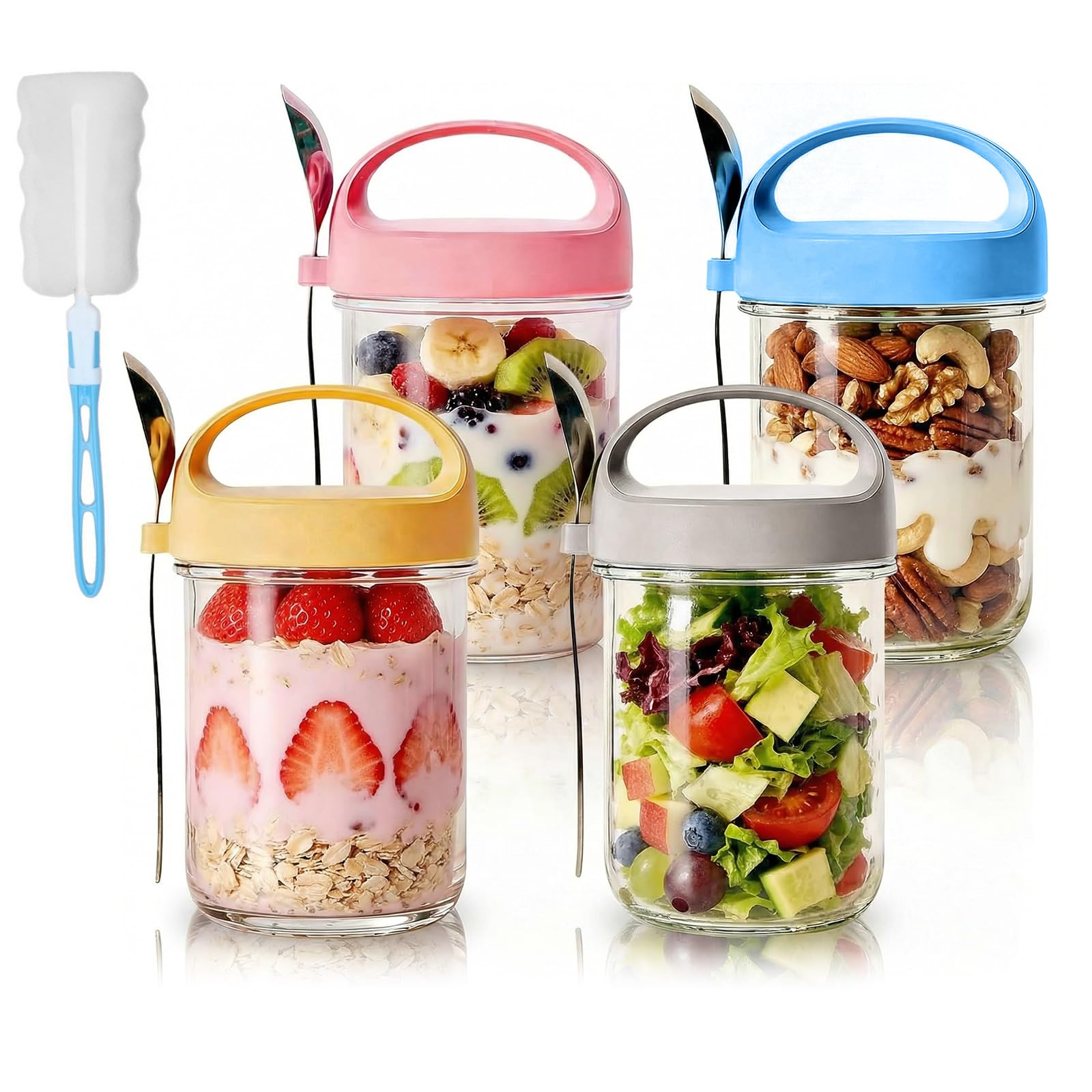 4 PCS Overnight Oats Jars, Overnight Oats Container with Lid Spoon & Brush, 14oz Large Capacity Glass Jars Breakfast Cereal Cups Reusable Yogurt Pot for Oats, Salads, Cereal, School, Office, Travel